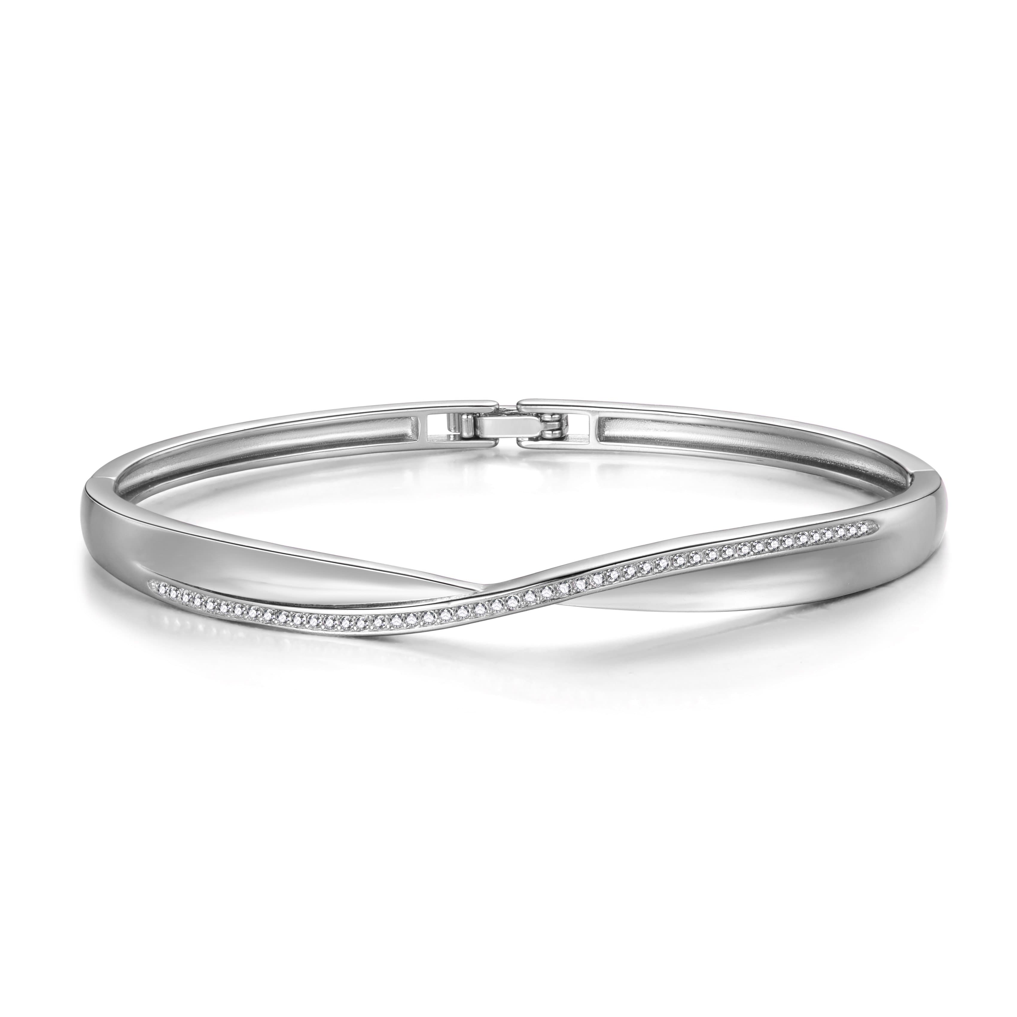 Silver Plated Arc Bangle Created with Zircondia® Crystals by Philip Jones Jewellery