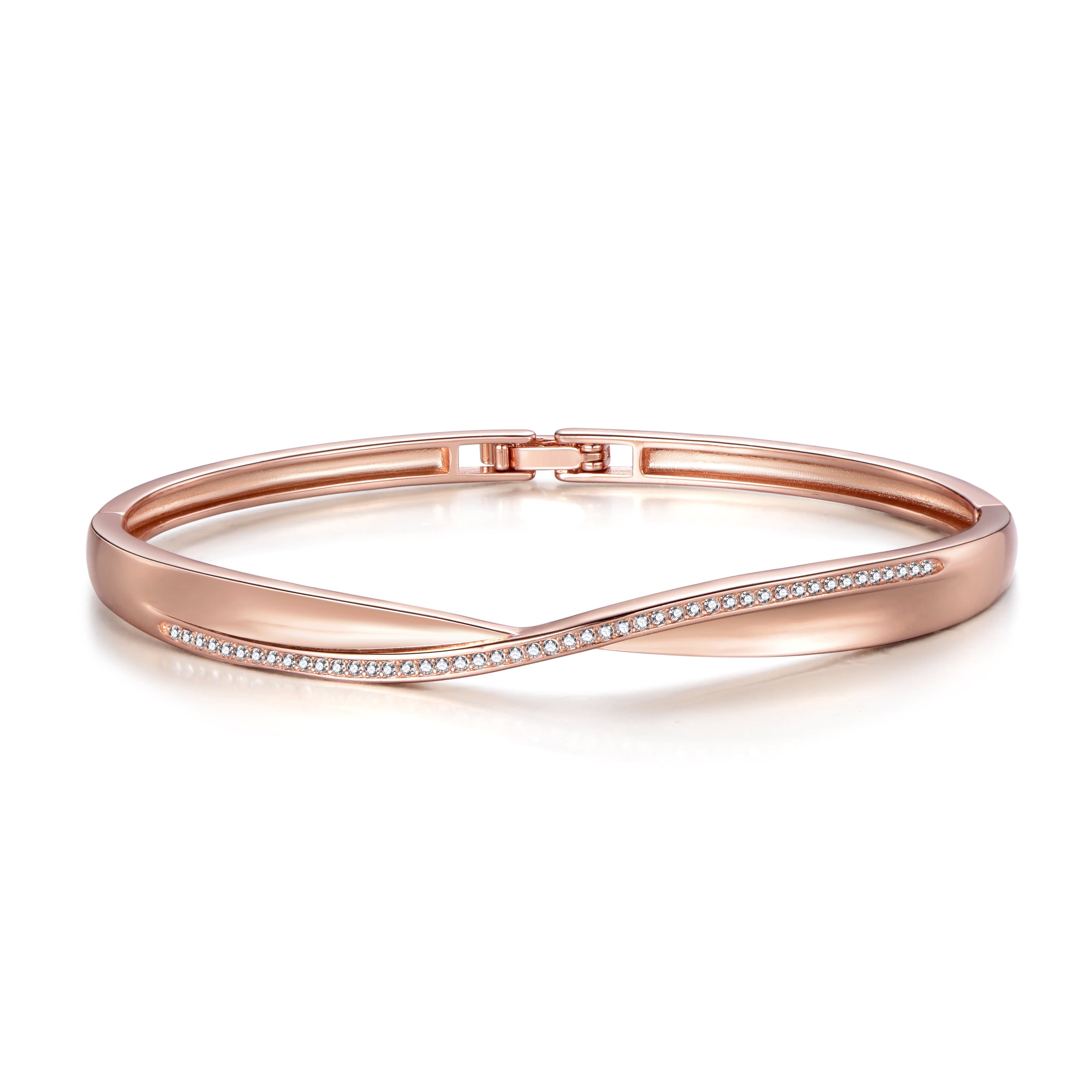 Rose Gold Plated Arc Bangle Created with Zircondia® Crystals by Philip Jones Jewellery