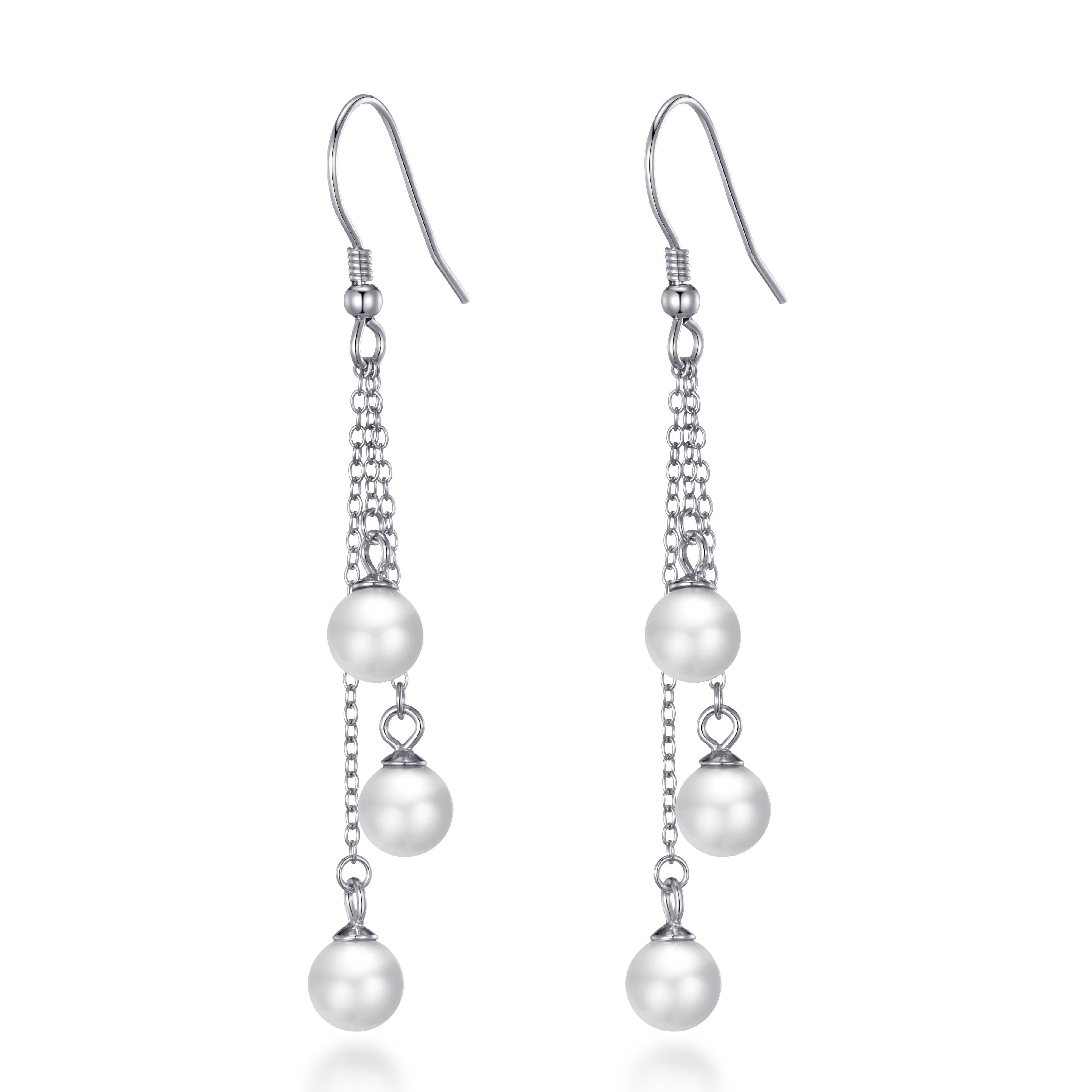 Sterling Silver Triple White Pearl Drop Earrings by Philip Jones Jewellery