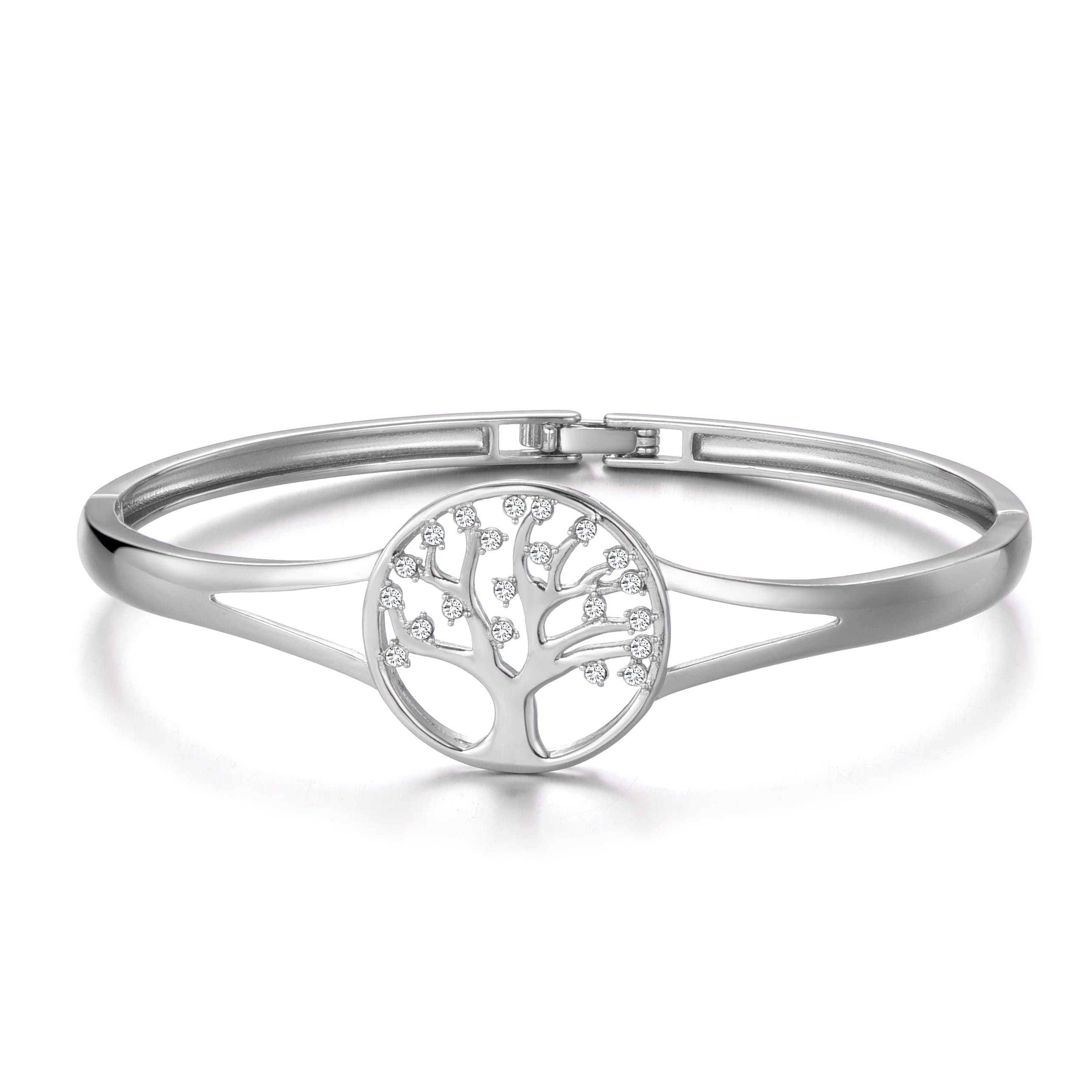 Silver Plated Tree of Life Cuff Bangle Created with Zircondia® Crystals by Philip Jones Jewellery