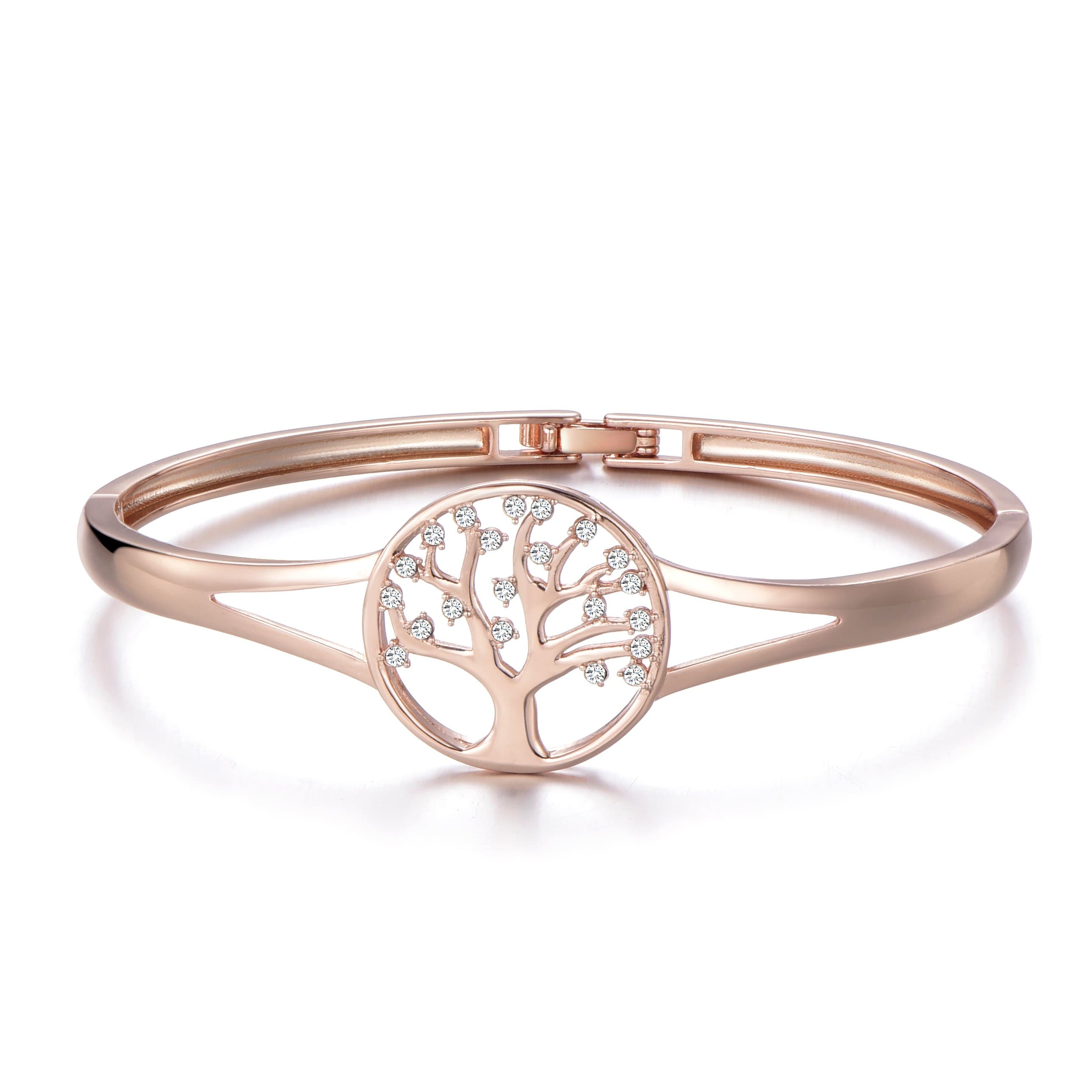 Rose Gold Plated Tree of Life Cuff Bangle Created with Zircondia® Crystals by Philip Jones Jewellery