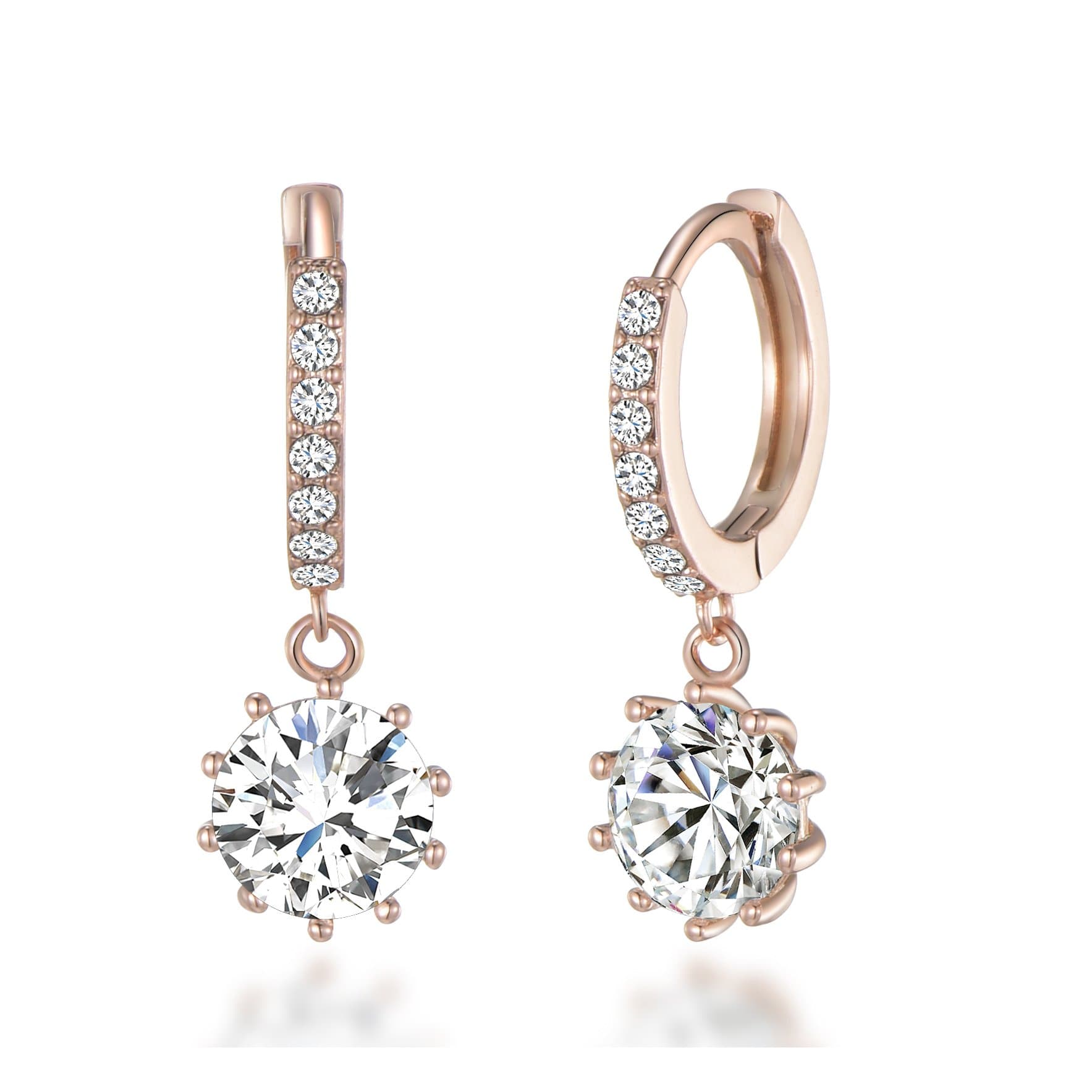 Rose Gold Plated Solitaire Drop Hoop Earrings Created with Zircondia® Crystals by Philip Jones Jewellery