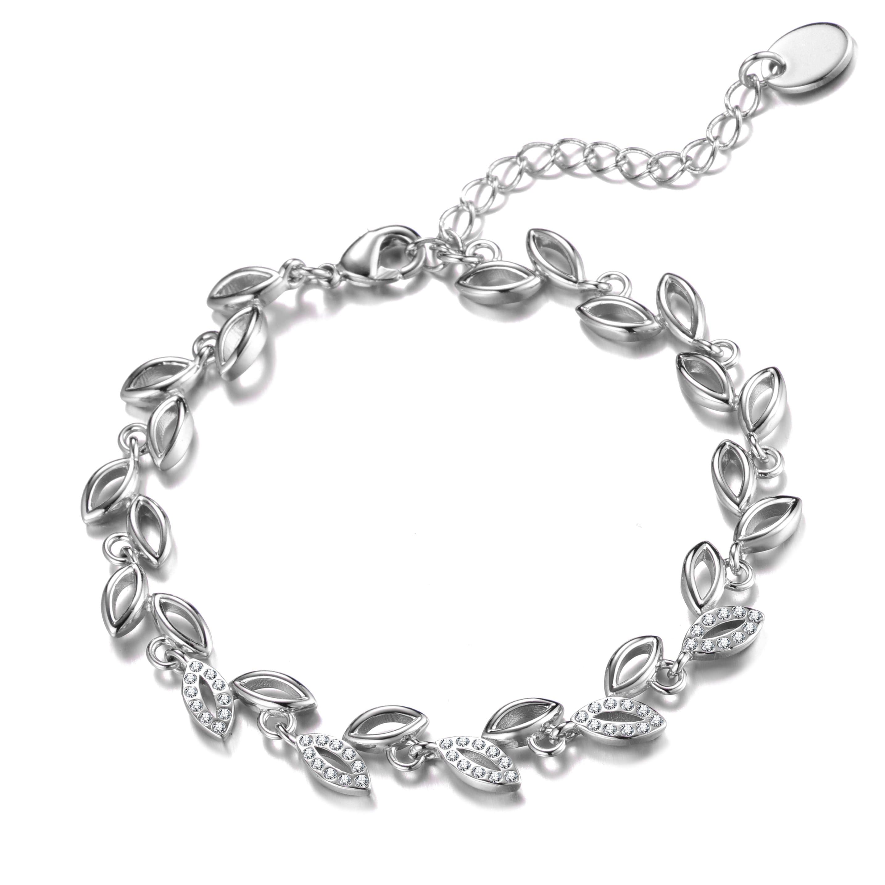 Silver Plated Leaf Bracelet Created With Crystals From Zircondia® by Philip Jones Jewellery