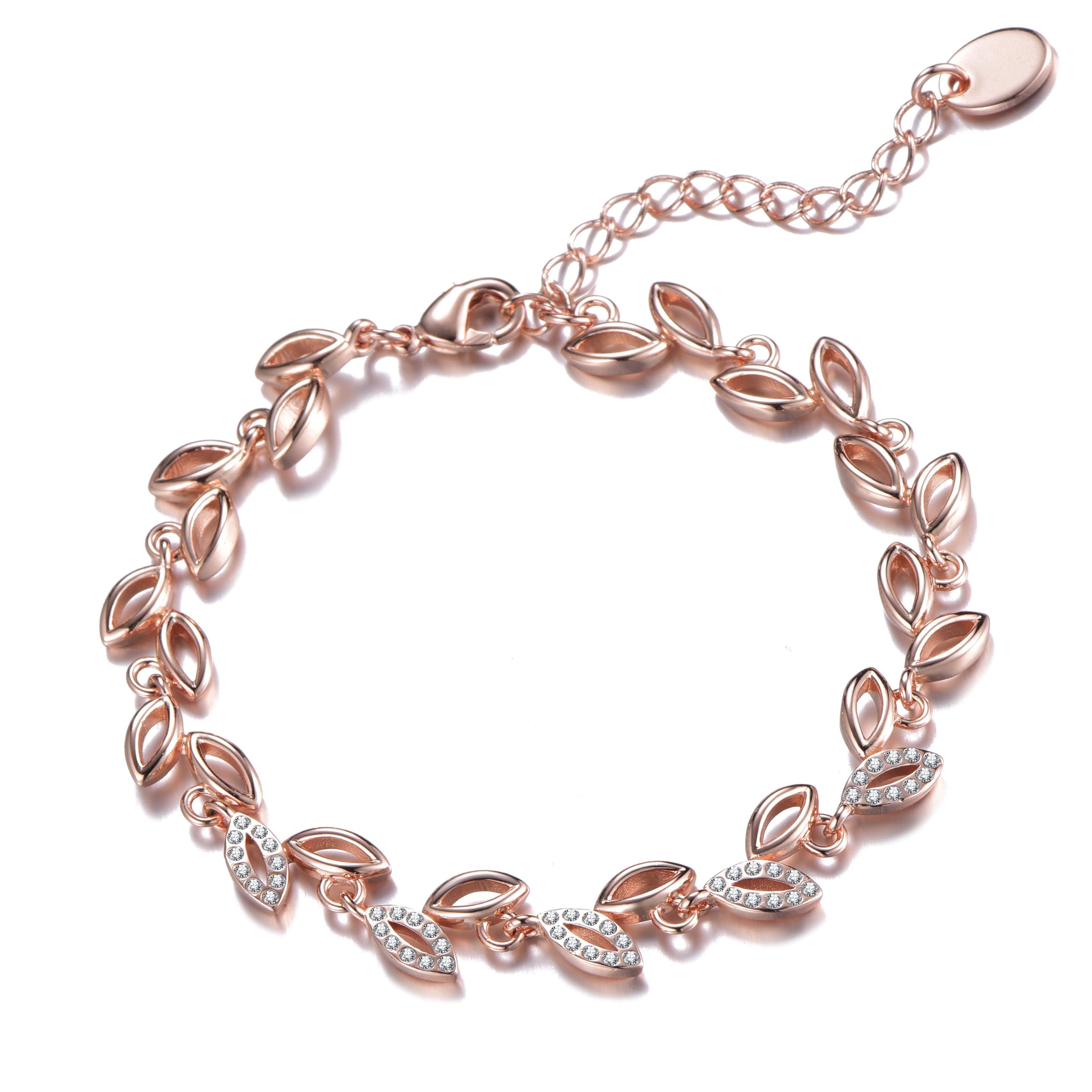 Rose Gold Plated Leaf Bracelet Created With Crystals From Zircondia® by Philip Jones Jewellery