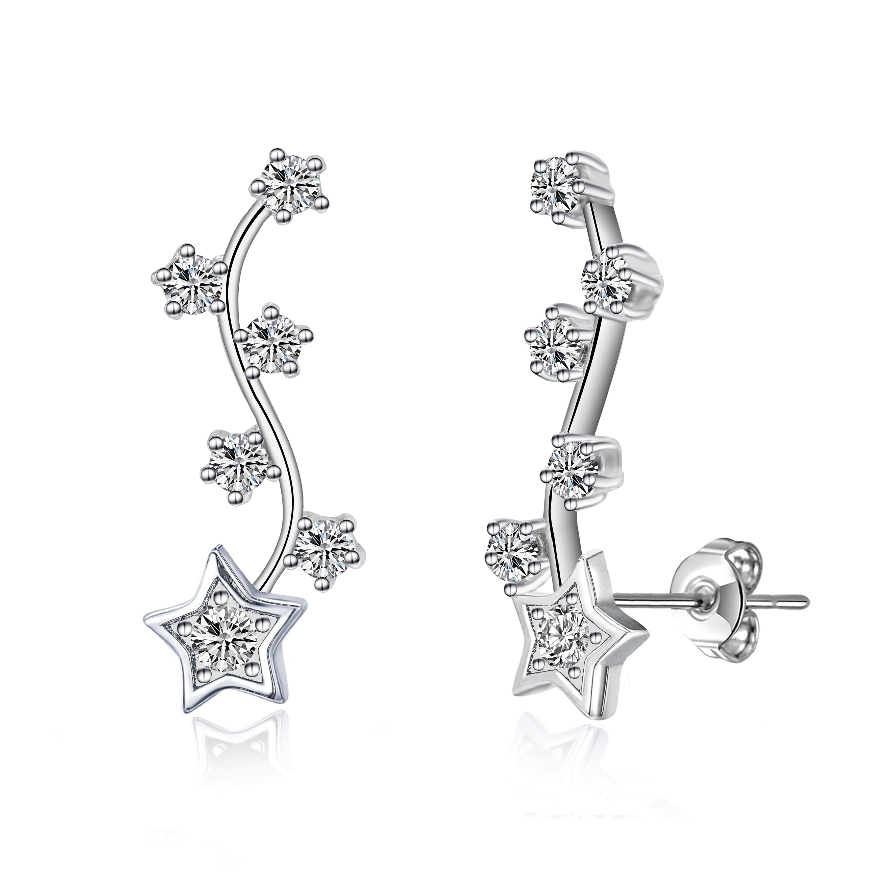 Silver Plated Star Climber Earrings Created with Zircondia® Crystals by Philip Jones Jewellery