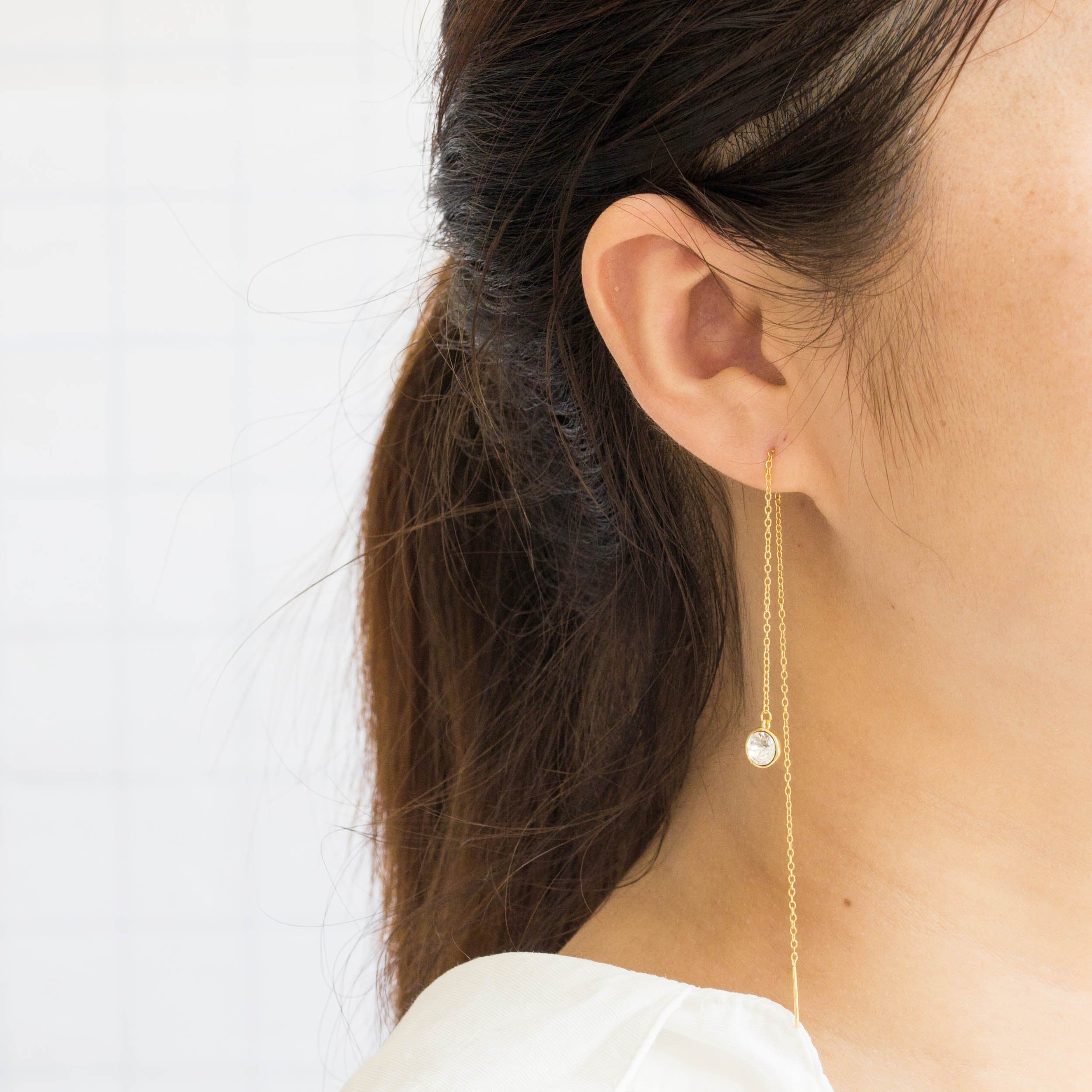 Gold Plated Sterling Silver Thread Earrings Created with Zircondia® Crystals