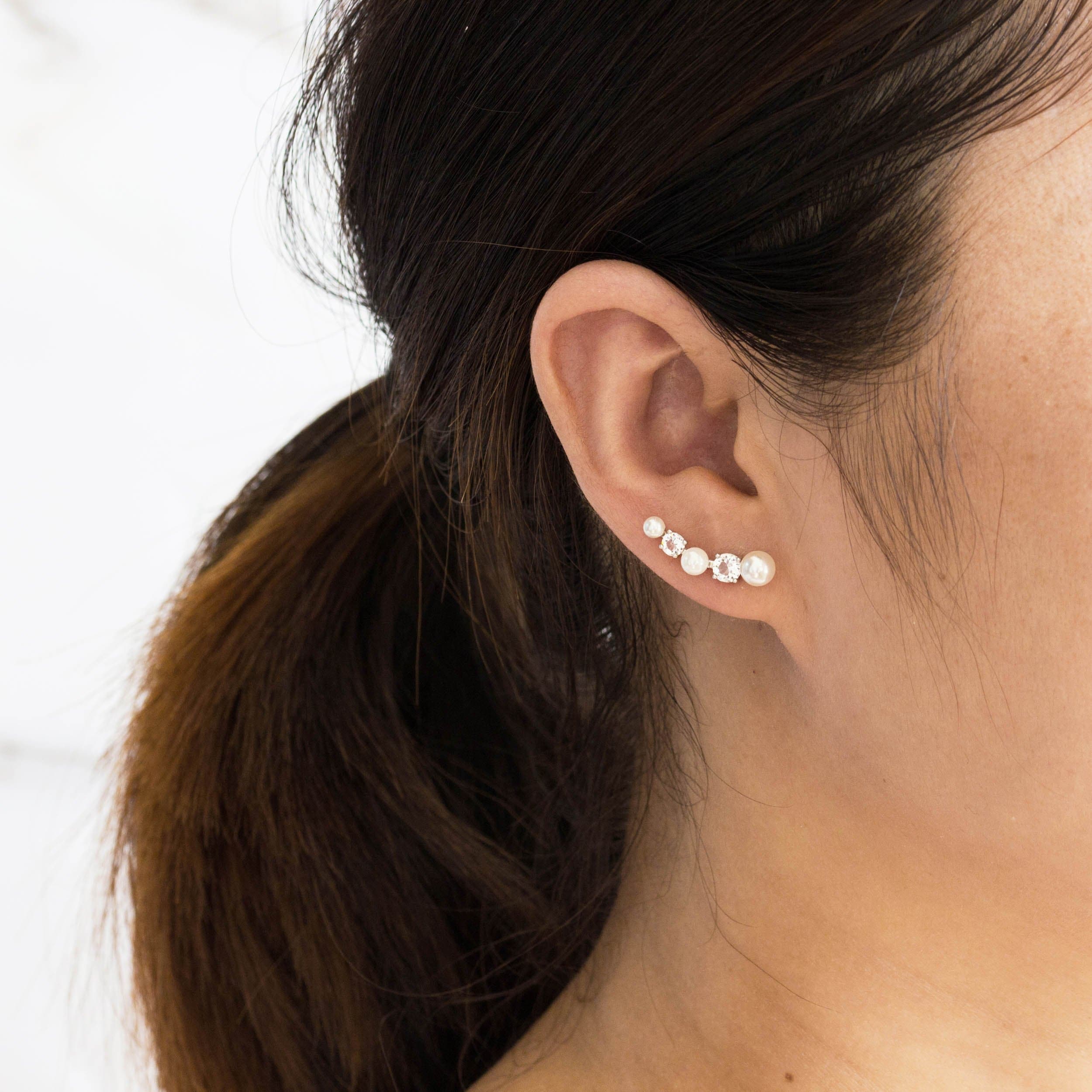 White Pearl Climber Earrings Created with Zircondia® Crystals