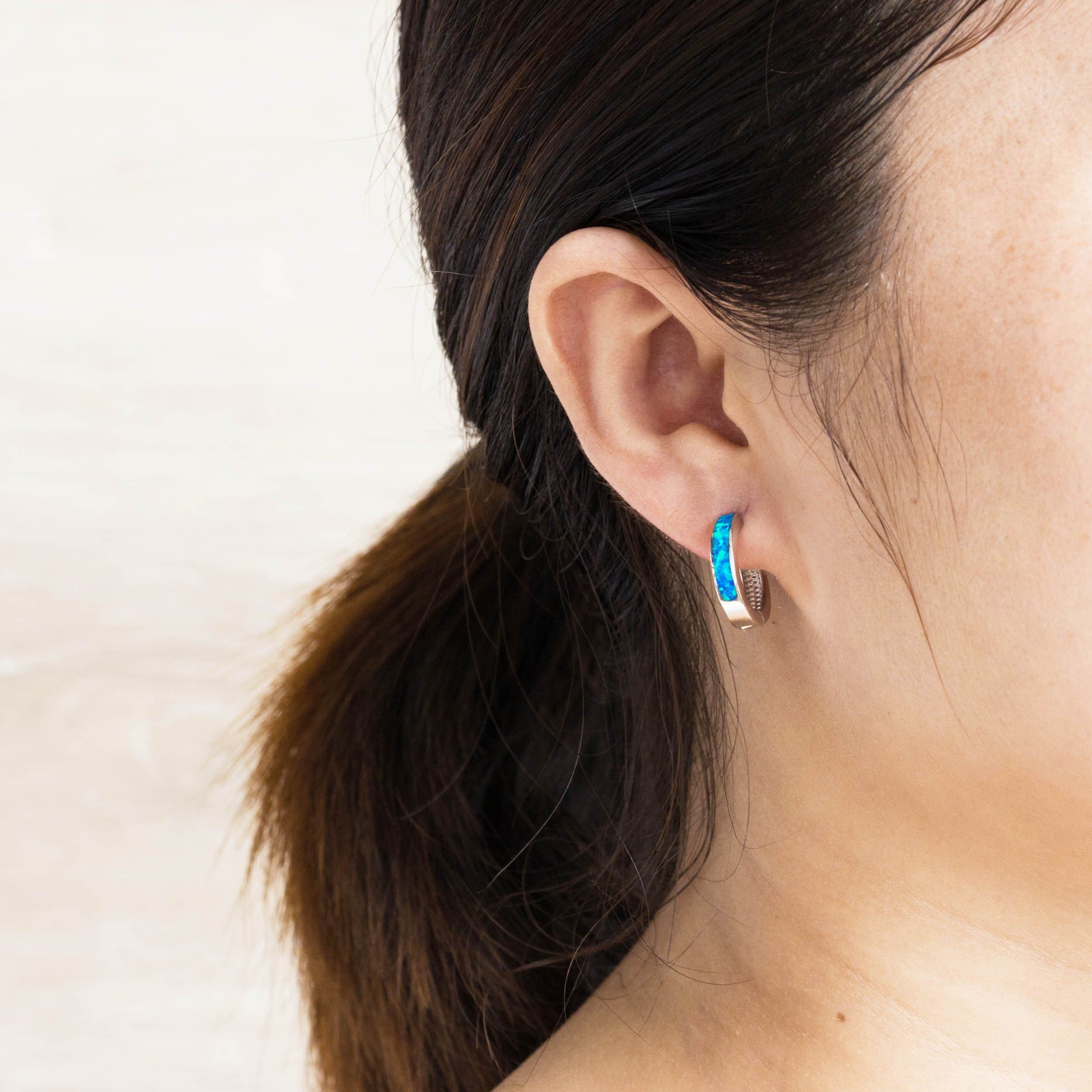 Blue Synthetic Opal Hoop Earrings