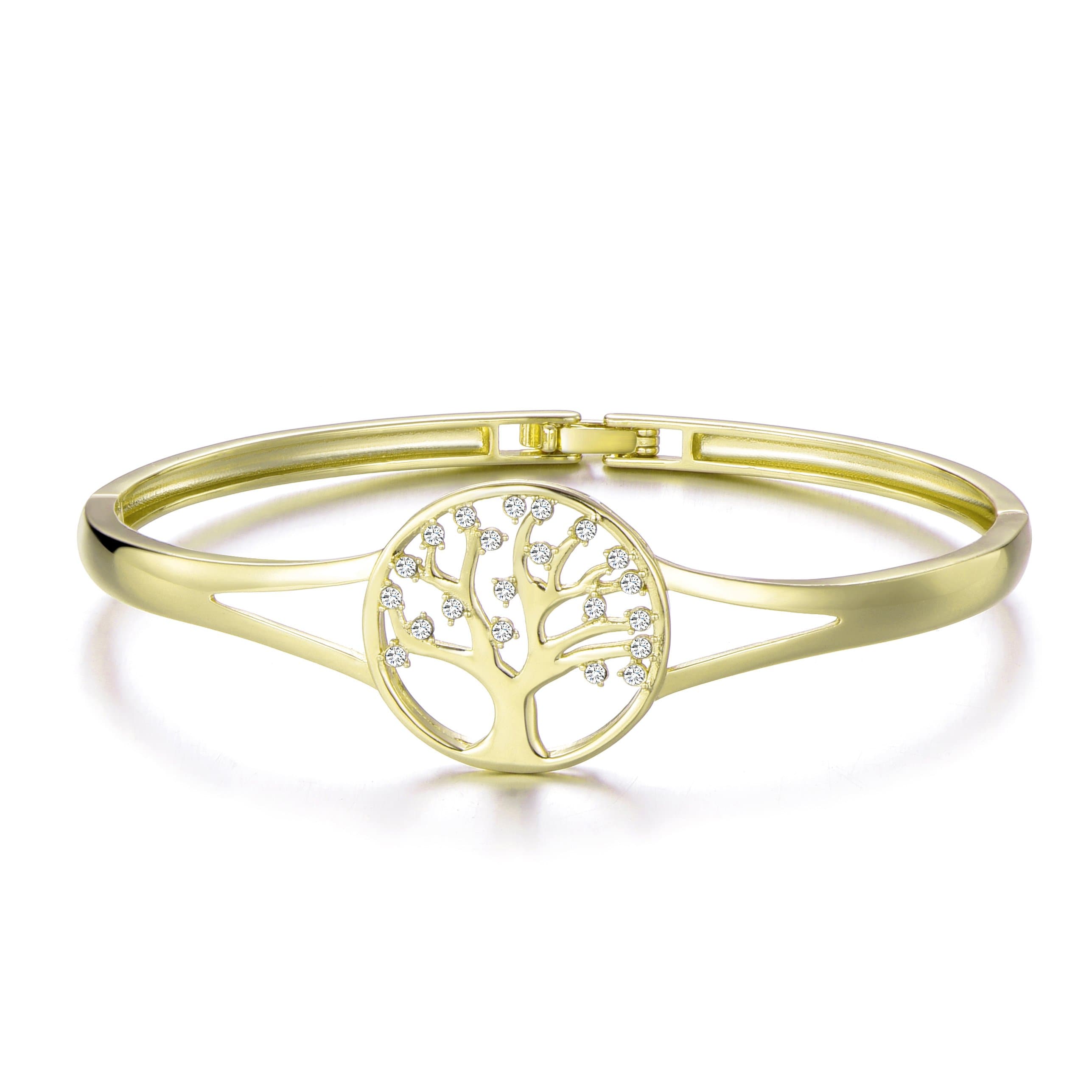 Gold Plated Tree of Life Cuff Bangle Created with Zircondia® Crystals by Philip Jones Jewellery