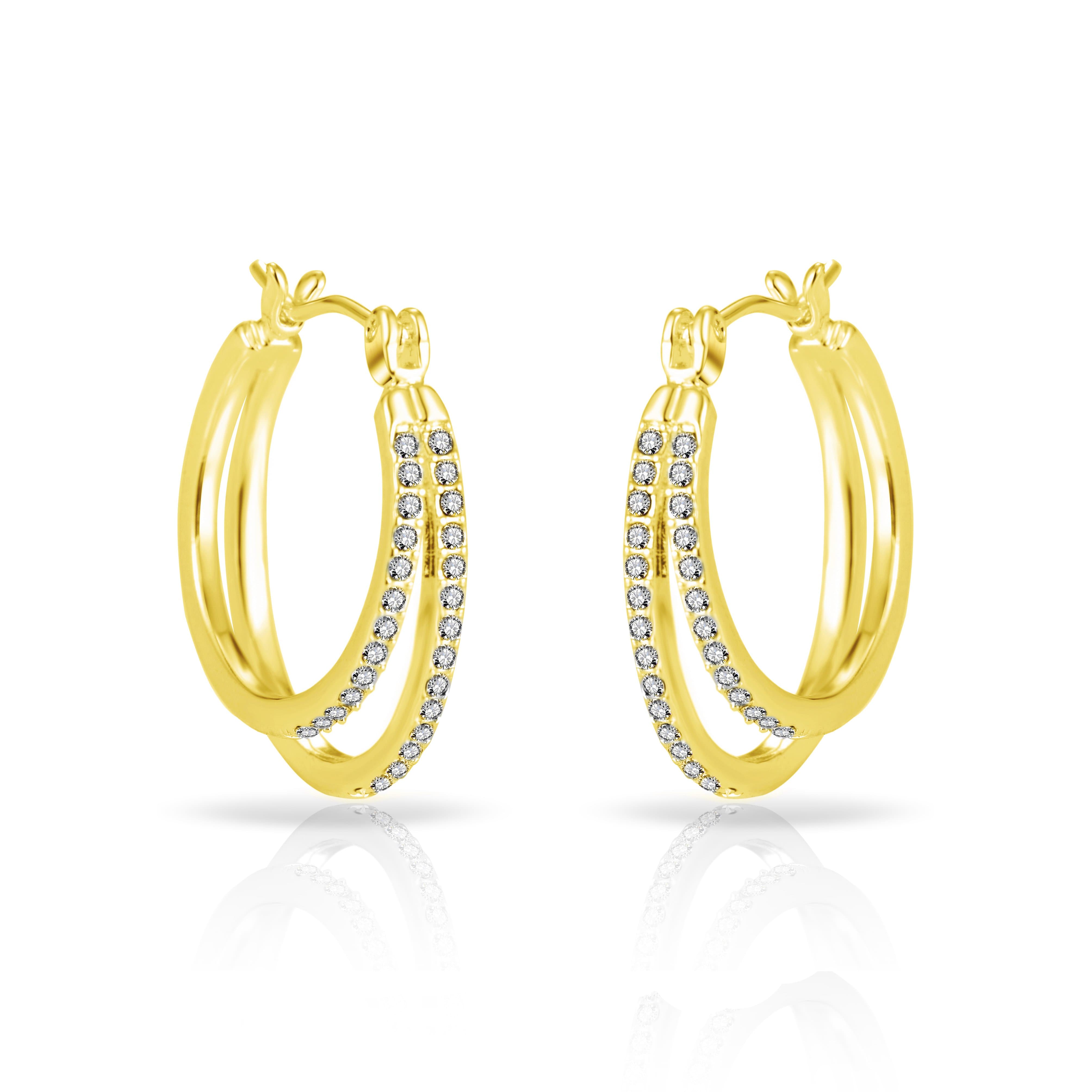 Gold Plated Double Hoop Earrings Created with Zircondia® Crystals by Philip Jones Jewellery