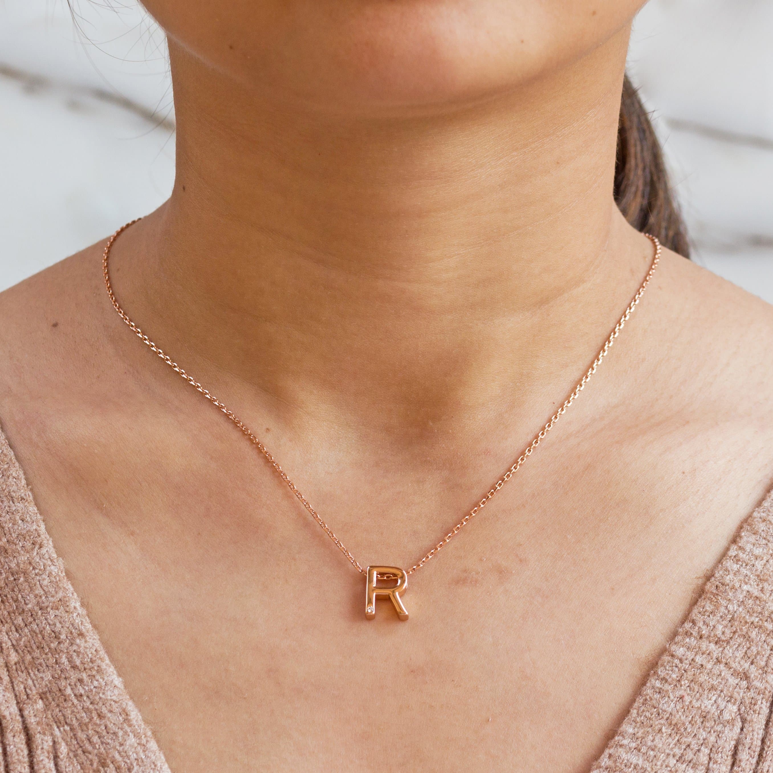 Rose Gold Plated Initial Necklace Letter R Created with Zircondia® Crystals