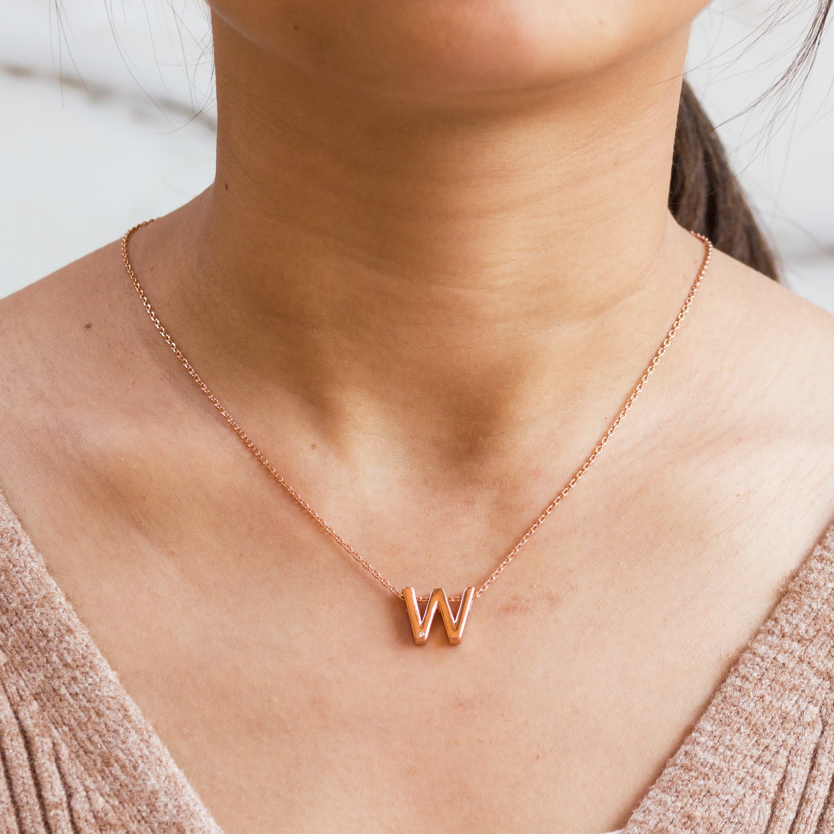 Rose Gold Plated Initial Necklace Letter W Created with Zircondia® Crystals