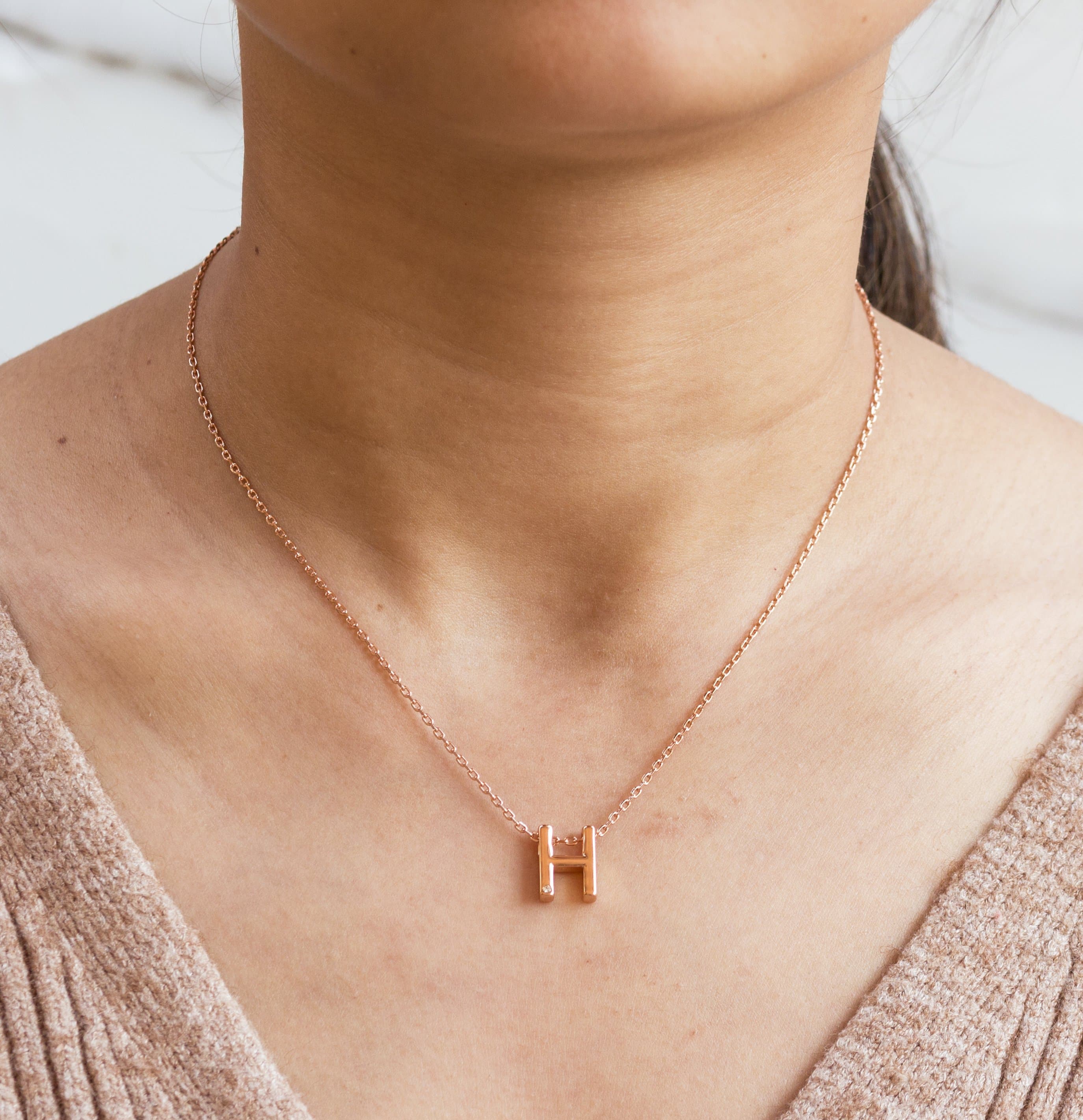 Rose Gold Plated Initial Necklace Letter H Created with Zircondia® Crystals