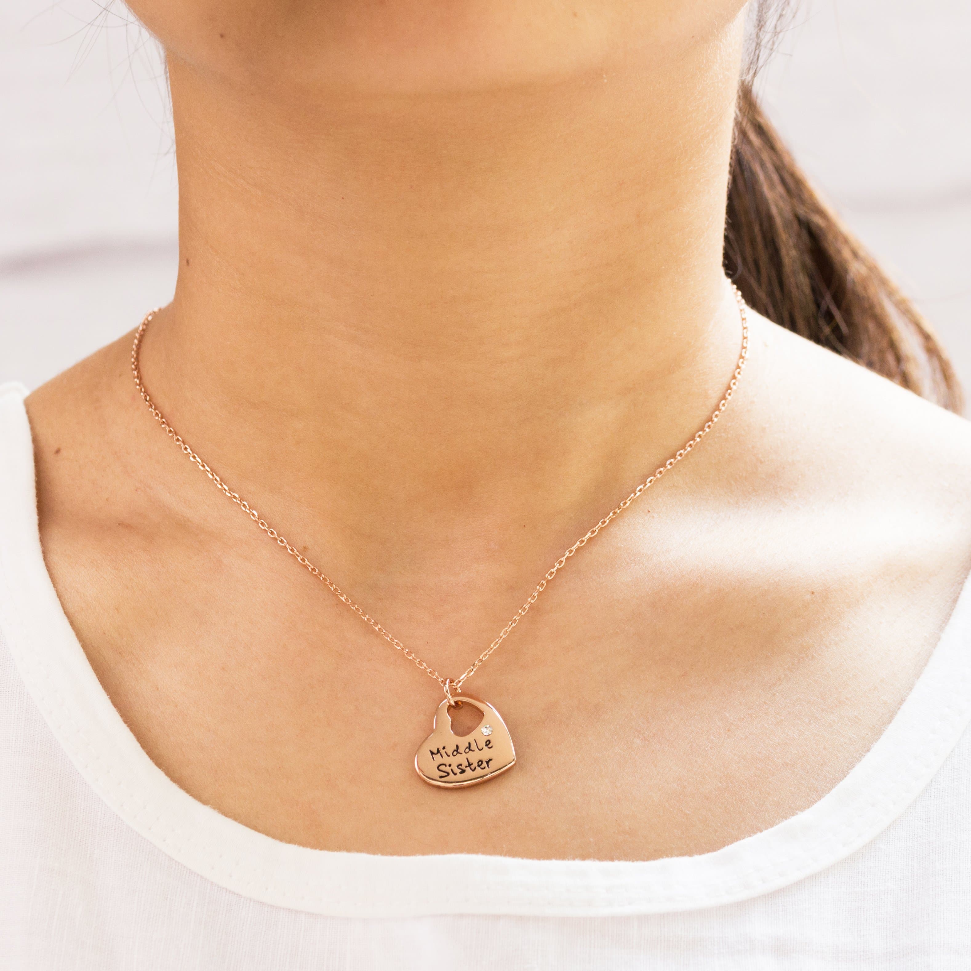 Rose Gold Plated Middle Sister Heart Necklace Created with Zircondia® Crystals