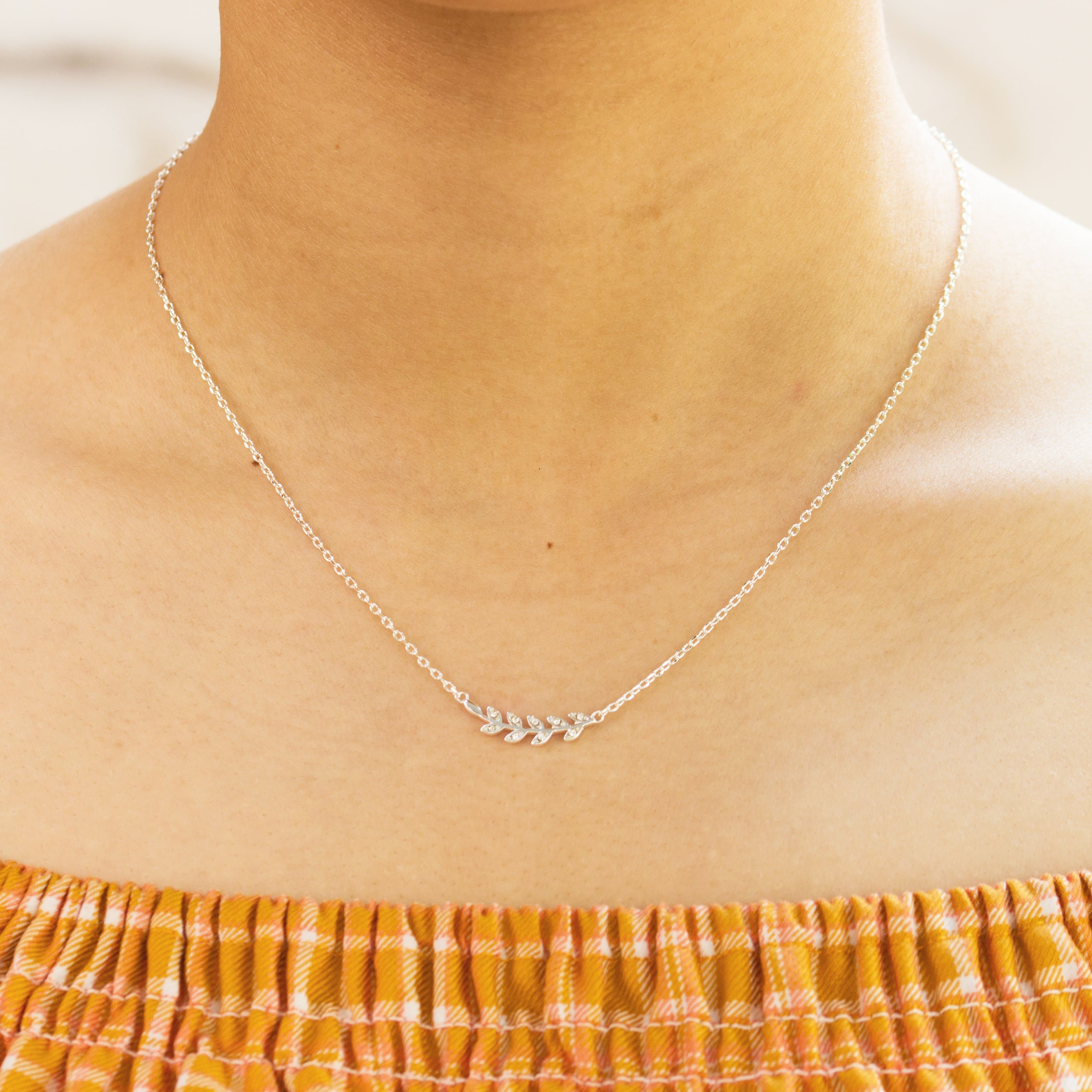 Silver Plated Leaf Necklace Created with Zircondia® Crystals