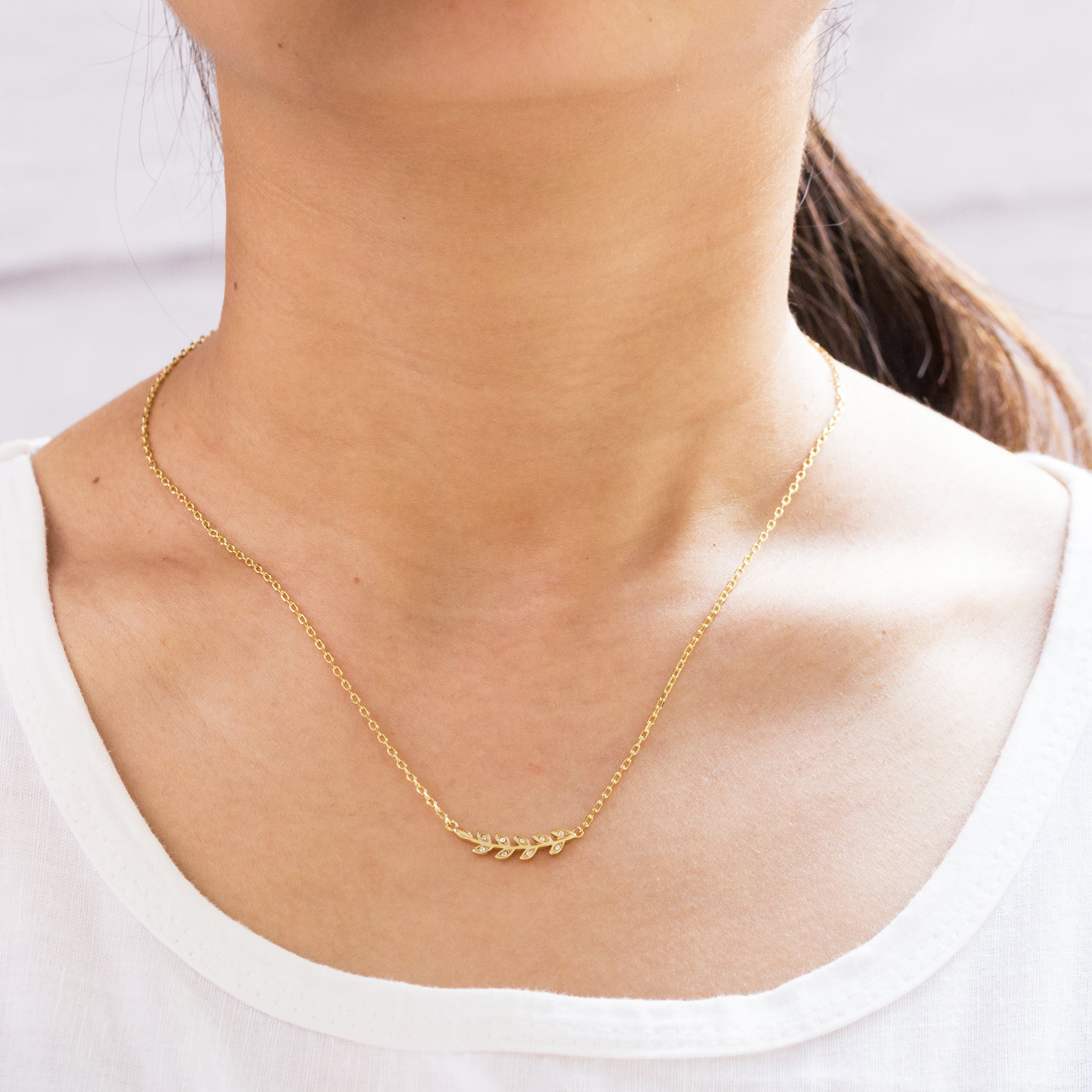 Gold Plated Leaf Necklace Created with Zircondia® Crystals