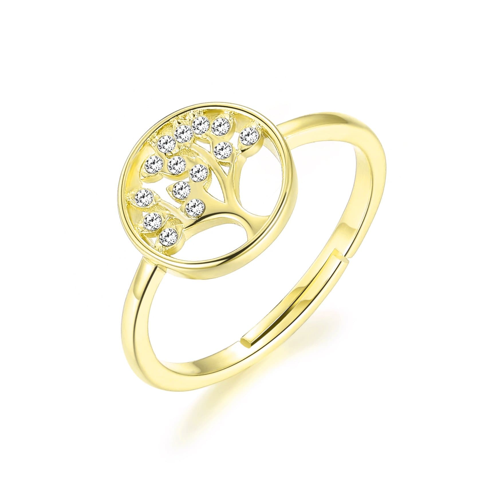 Gold Plated Adjustable Tree of Life Ring Created with Zircondia® Crystals by Philip Jones Jewellery
