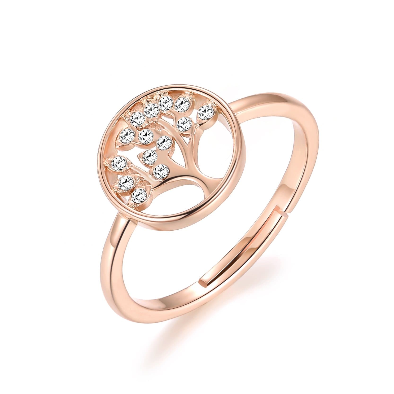 Rose Gold Plated Adjustable Tree of Life Ring Created with Zircondia® Crystals by Philip Jones Jewellery