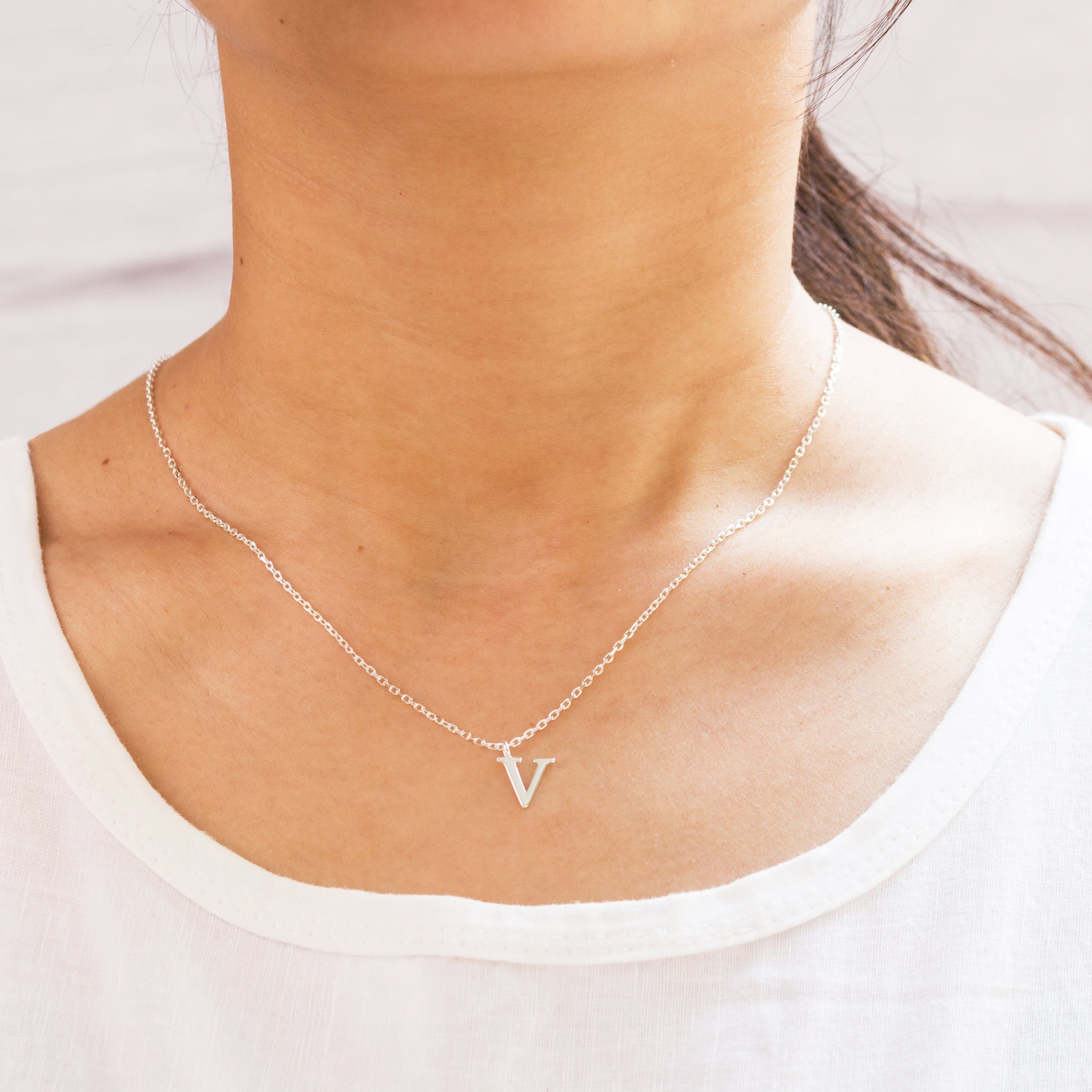 Sterling Silver Initial V Necklace