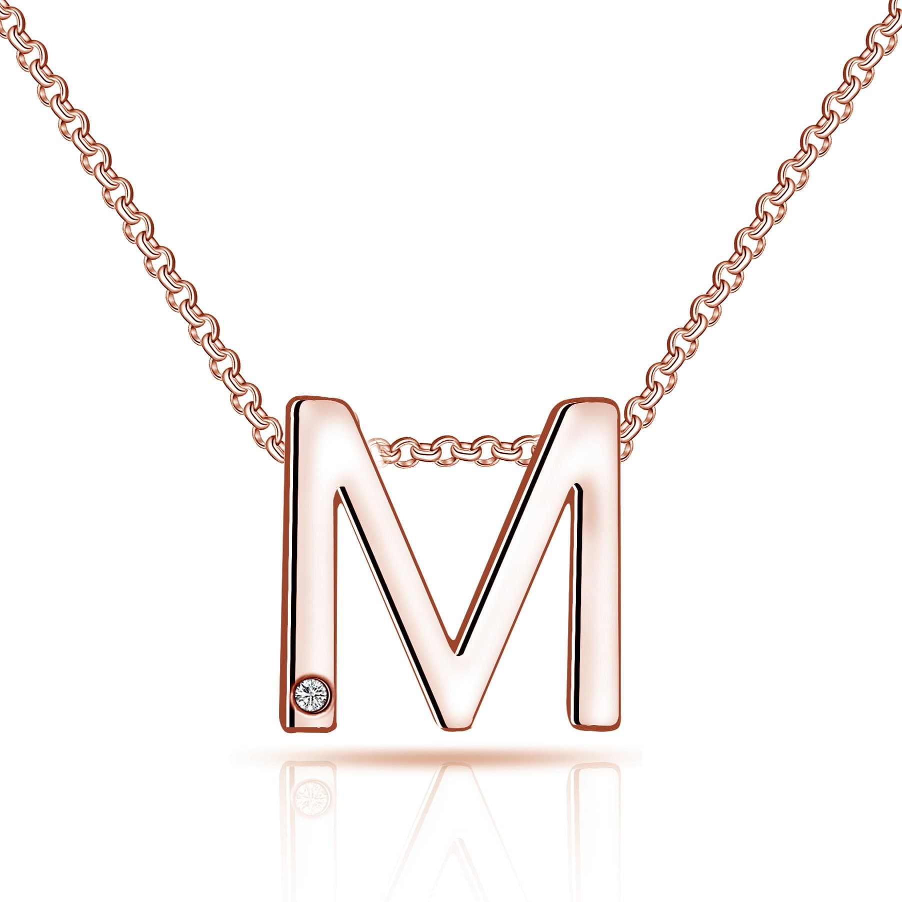 Rose Gold Plated Initial Necklace Letter M Created with Zircondia® Crystals by Philip Jones Jewellery