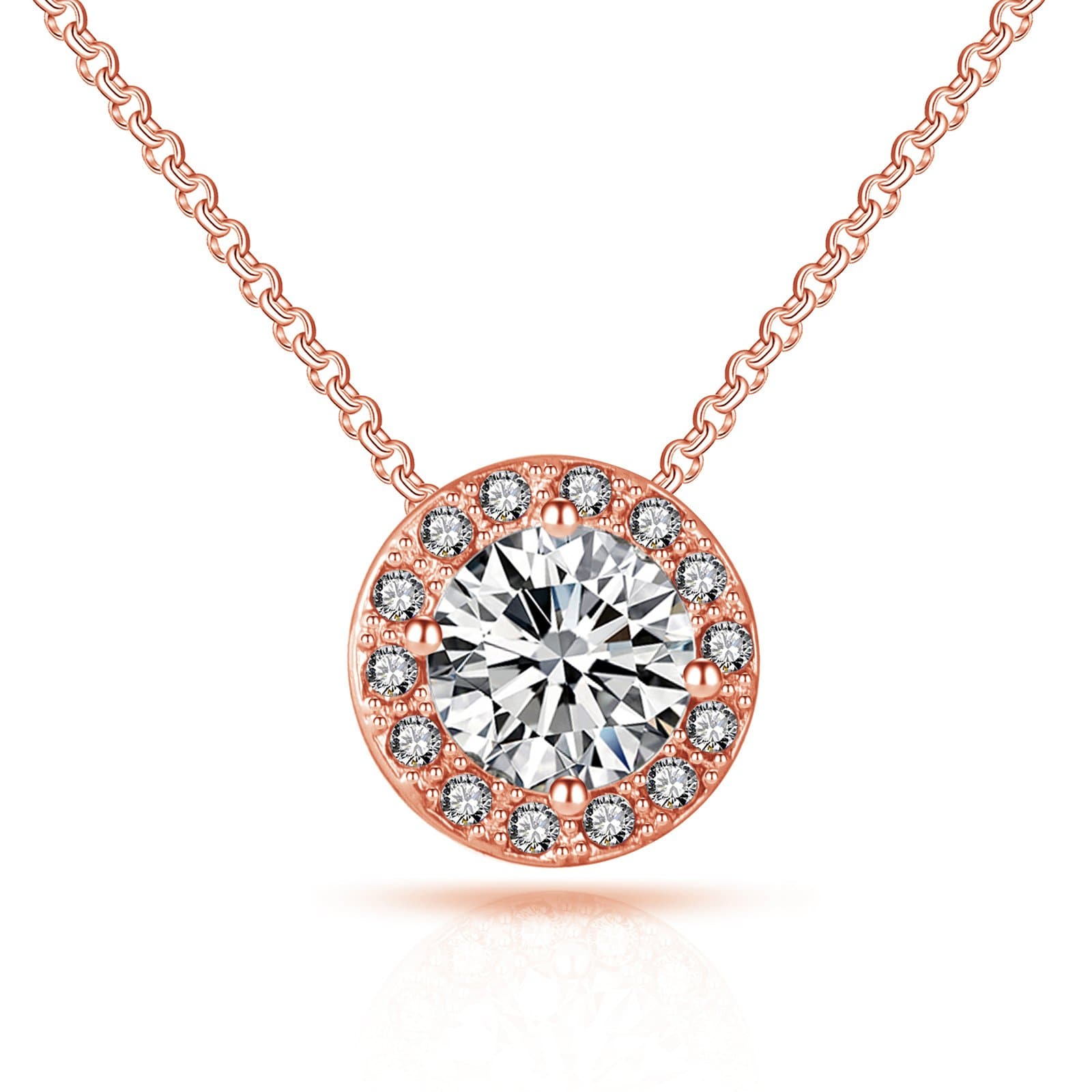 Rose Gold Plated Halo Necklace Created with Zircondia® Crystals by Philip Jones Jewellery