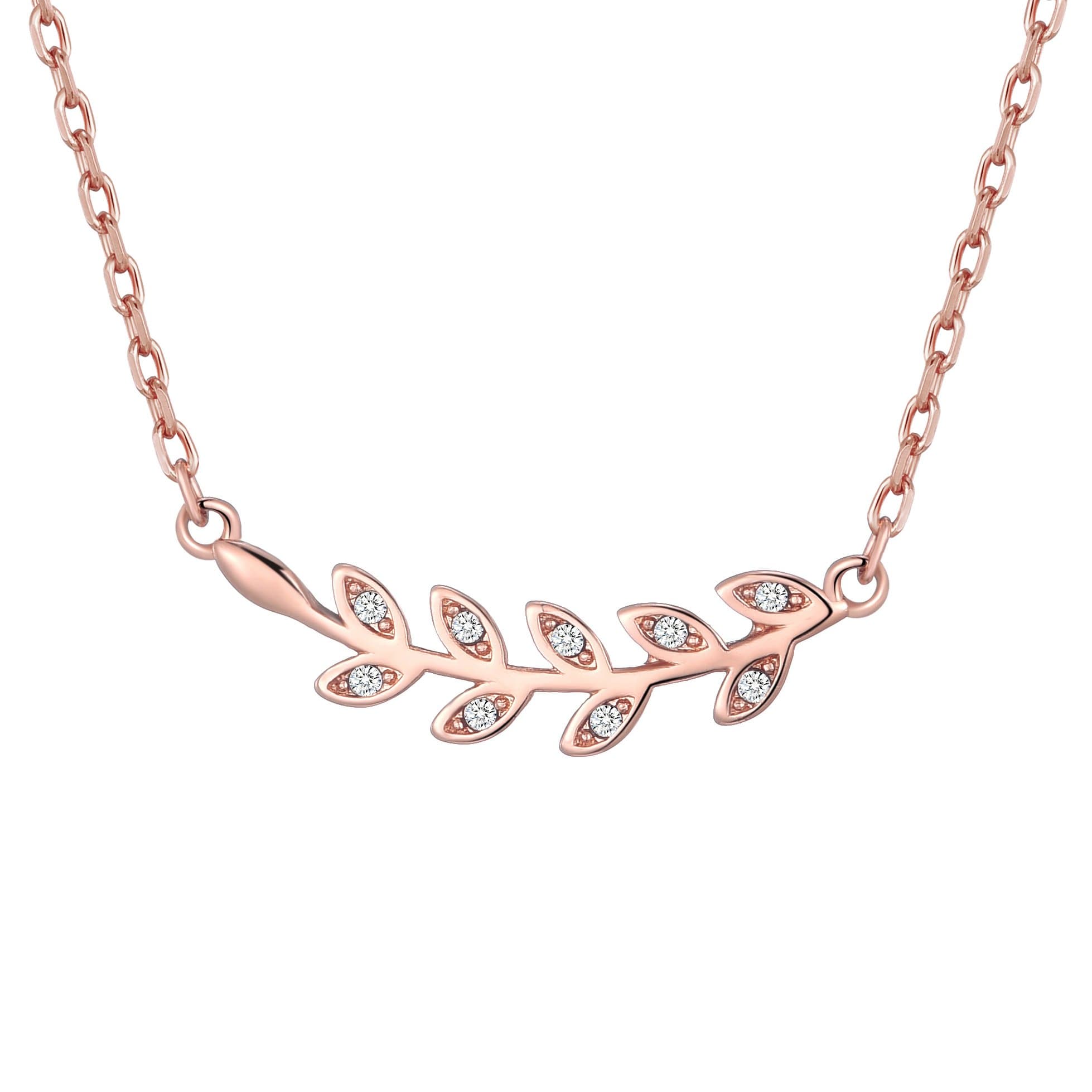 Rose Gold Plated Leaf Necklace Created with Zircondia® Crystals by Philip Jones Jewellery