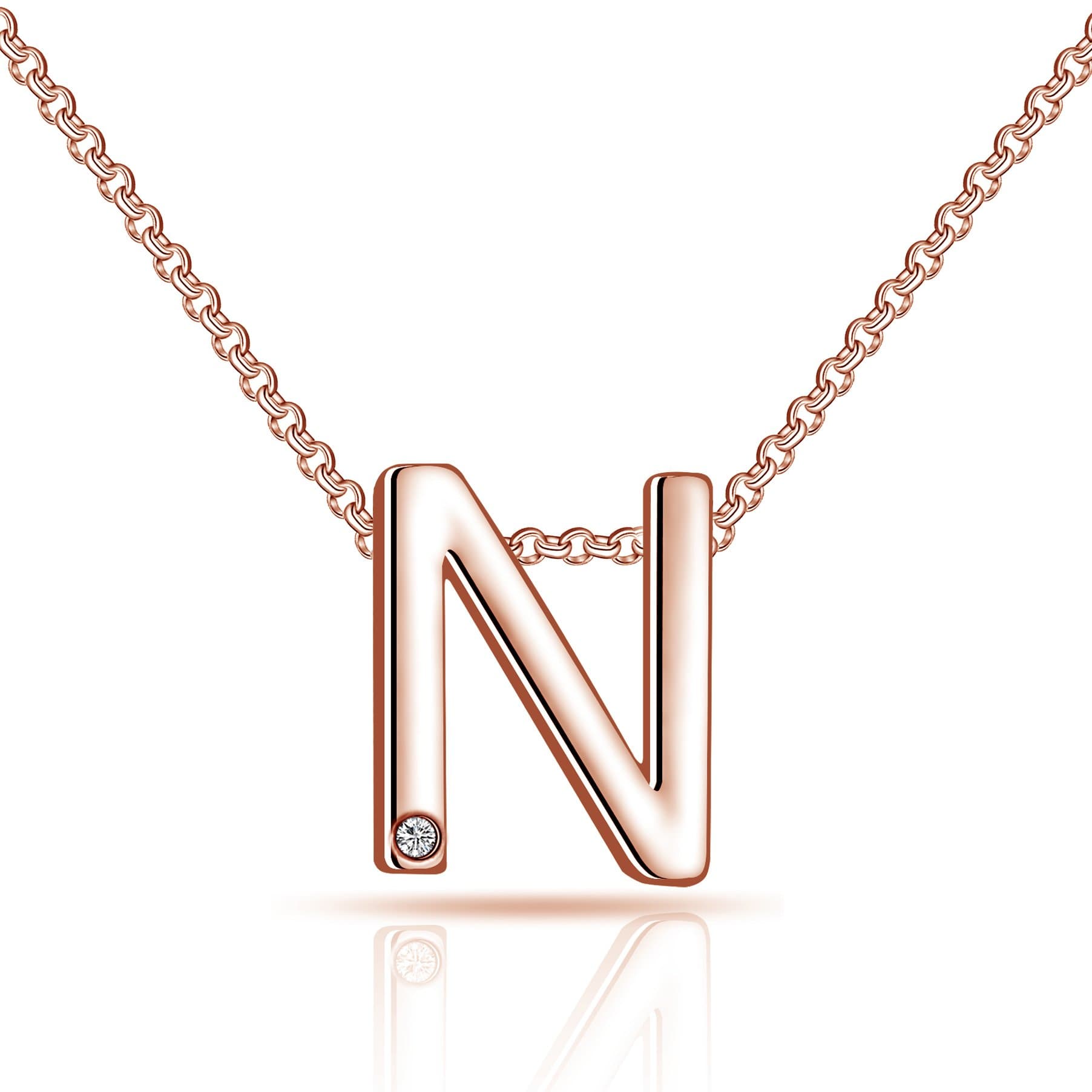 Rose Gold Plated Initial Necklace Letter N Created with Zircondia® Crystals by Philip Jones Jewellery