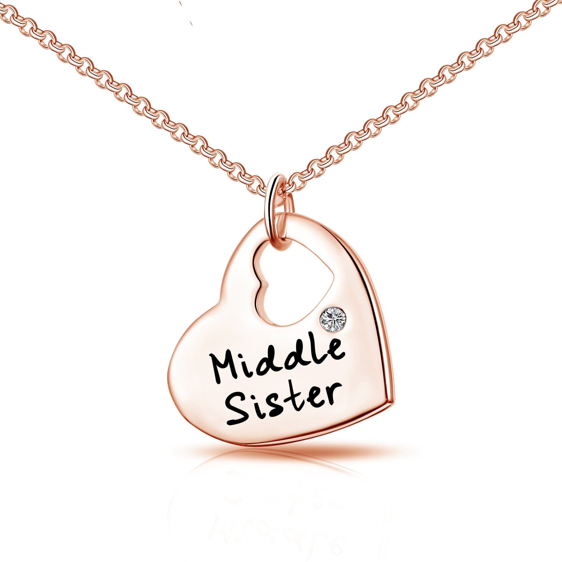 Rose Gold Plated Middle Sister Heart Necklace Created with Zircondia® Crystals by Philip Jones Jewellery