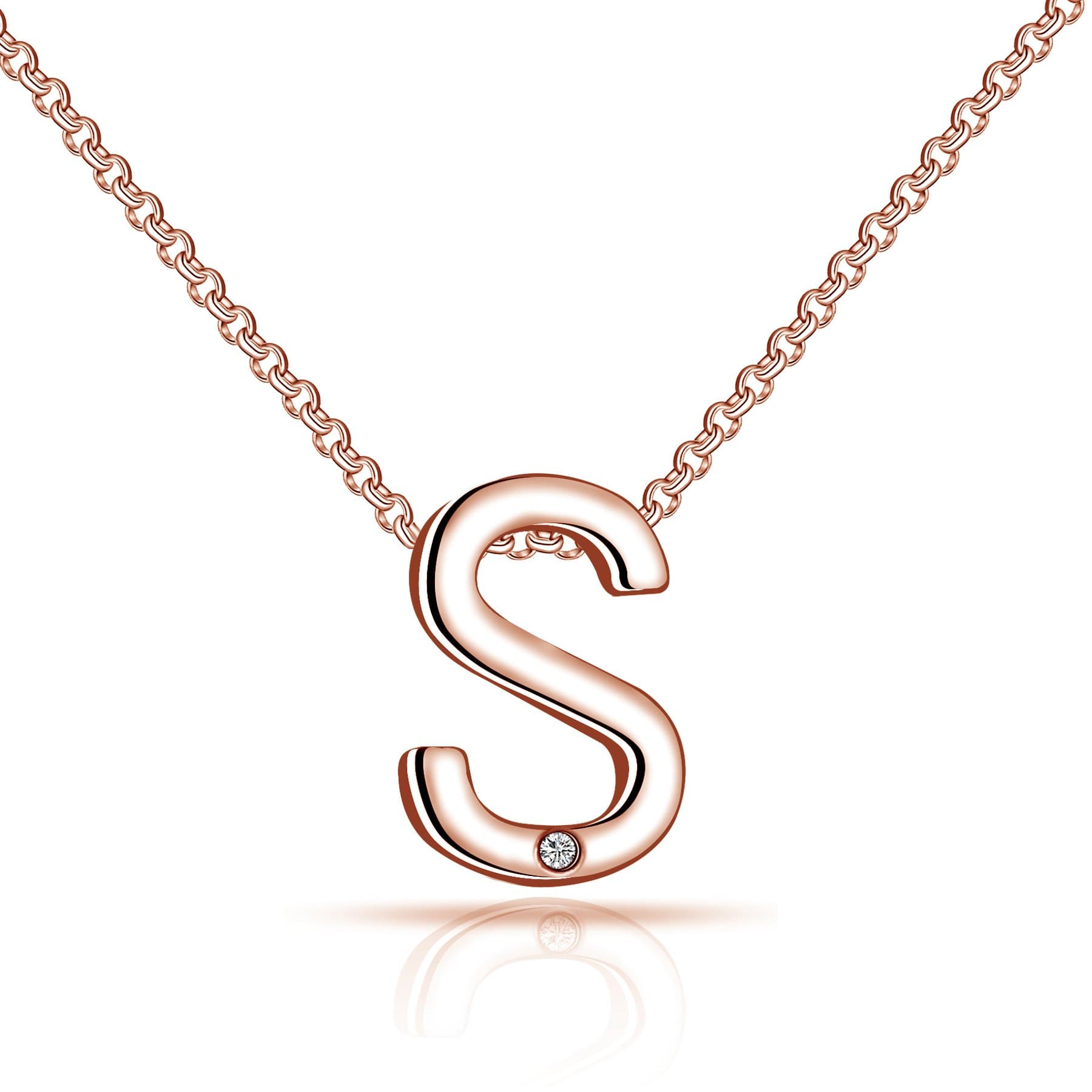 Rose Gold Plated Initial Necklace Letter S Created with Zircondia® Crystals by Philip Jones Jewellery