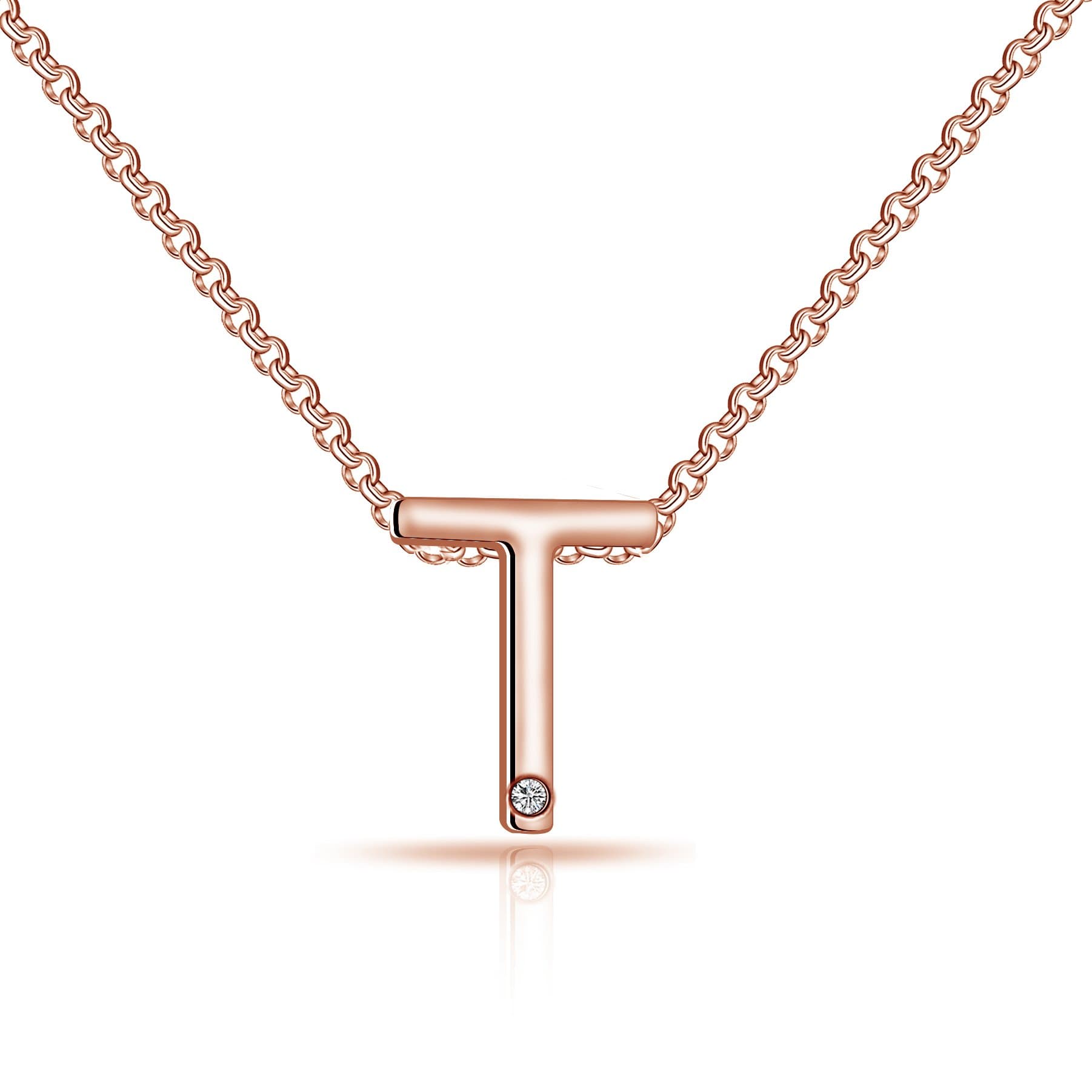 Rose Gold Plated Initial Necklace Letter T Created with Zircondia® Crystals by Philip Jones Jewellery