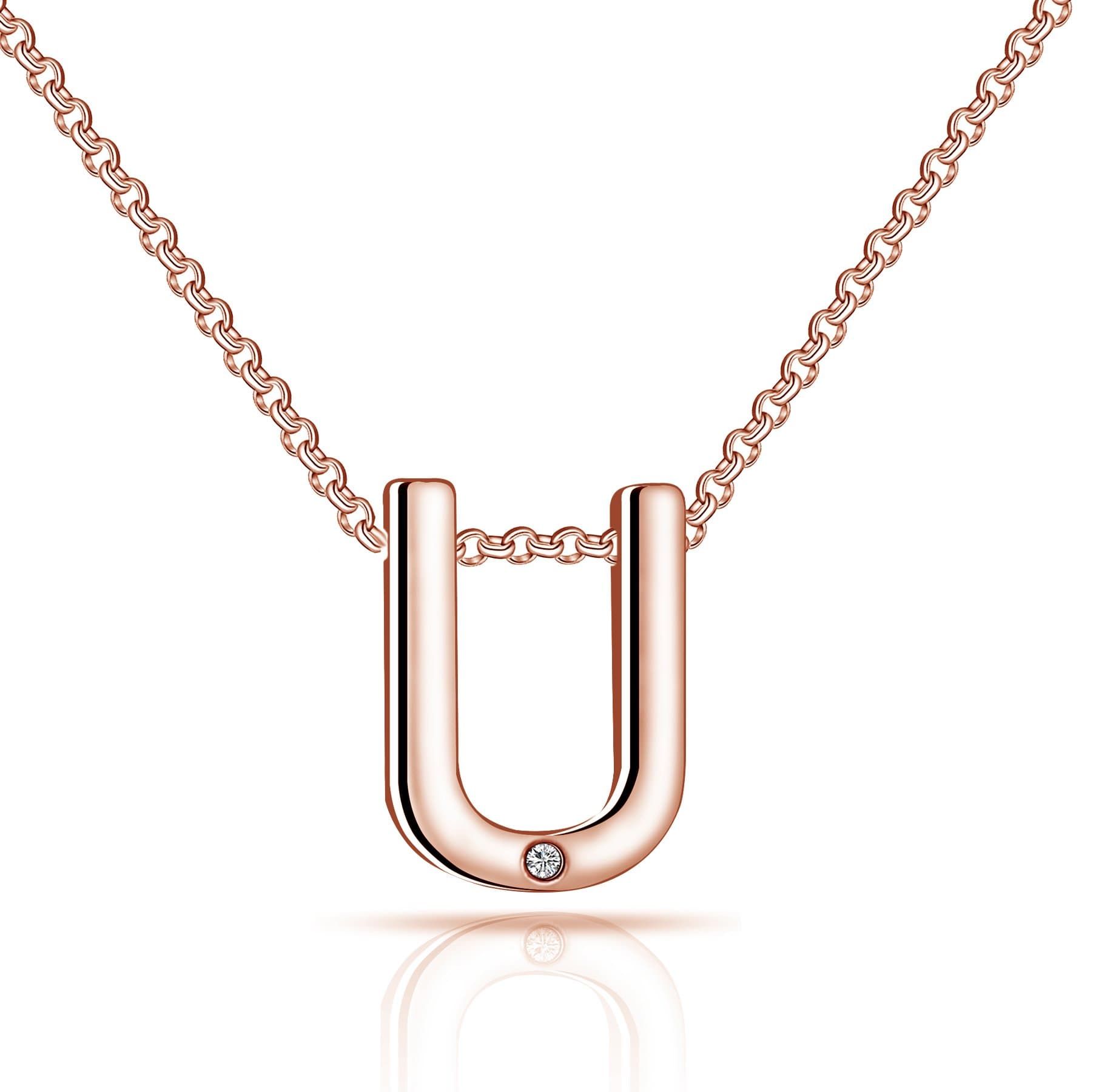 Rose Gold Plated Initial Necklace Letter U Created with Zircondia® Crystals by Philip Jones Jewellery