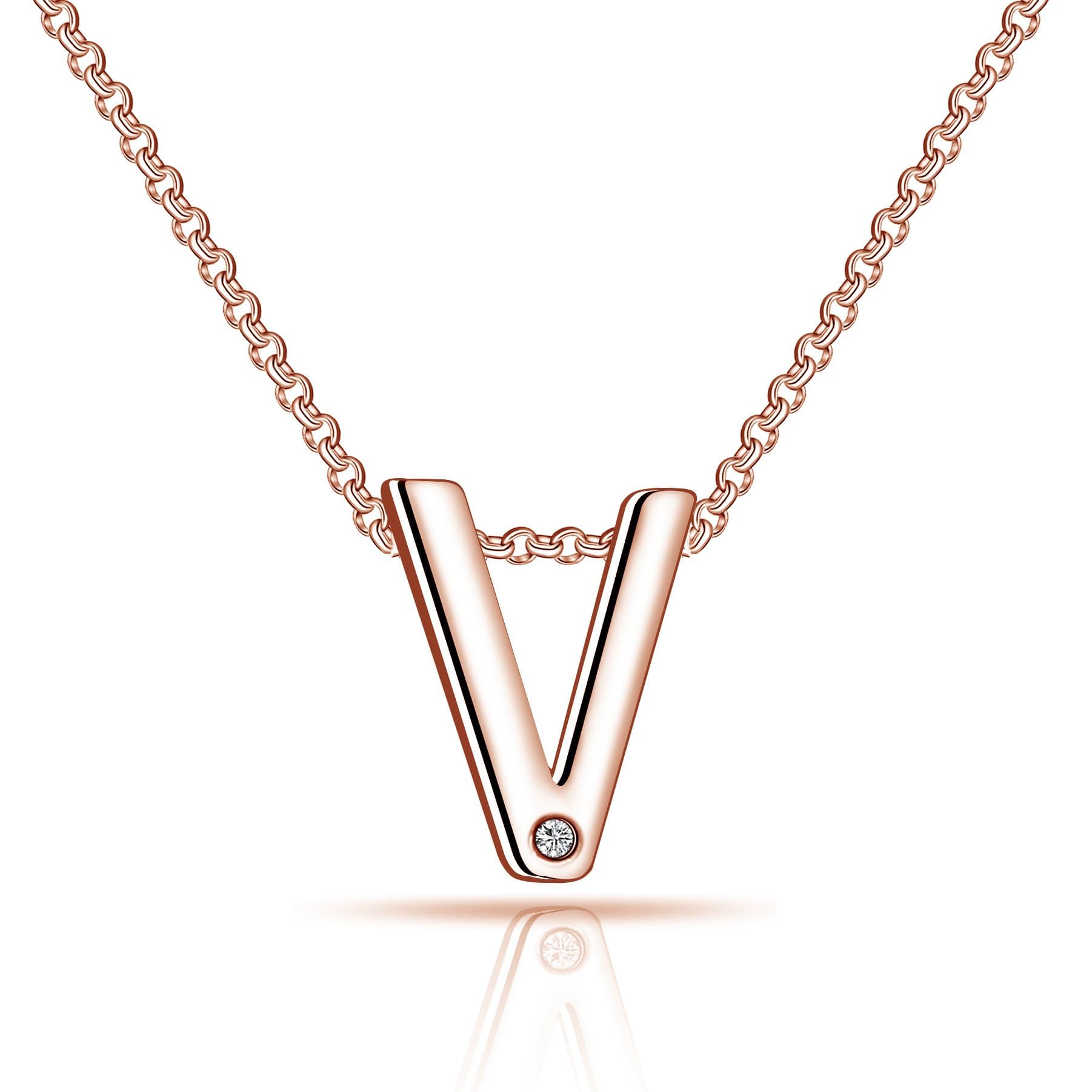 Rose Gold Plated Initial Necklace Letter V Created with Zircondia® Crystals by Philip Jones Jewellery