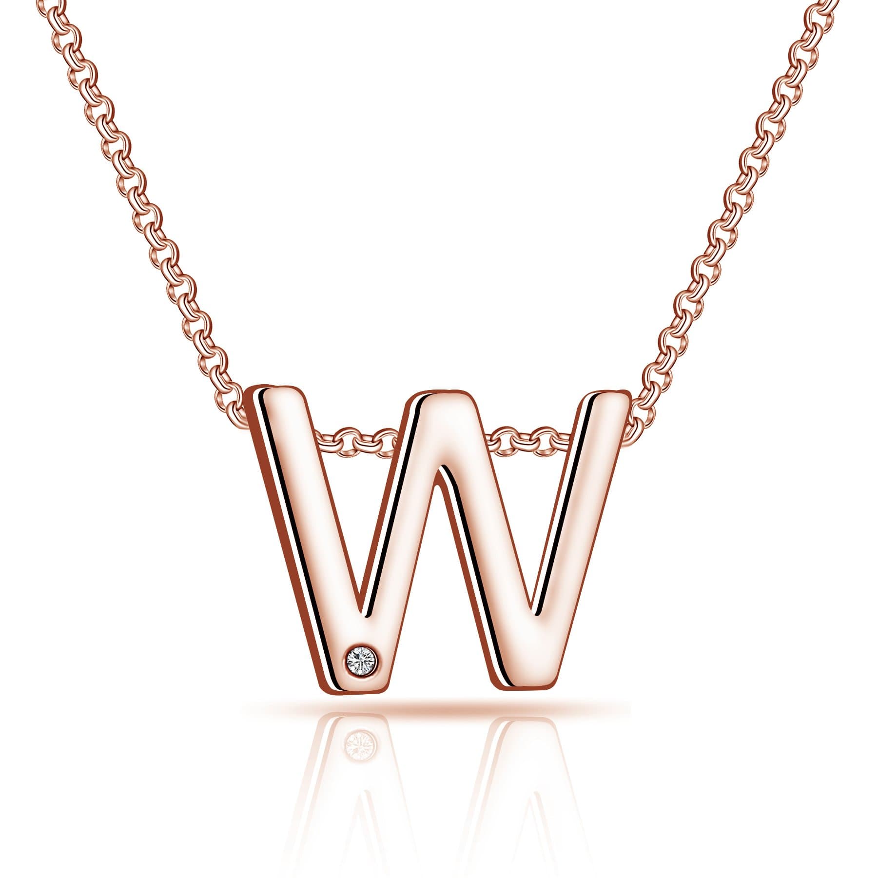 Rose Gold Plated Initial Necklace Letter W Created with Zircondia® Crystals by Philip Jones Jewellery