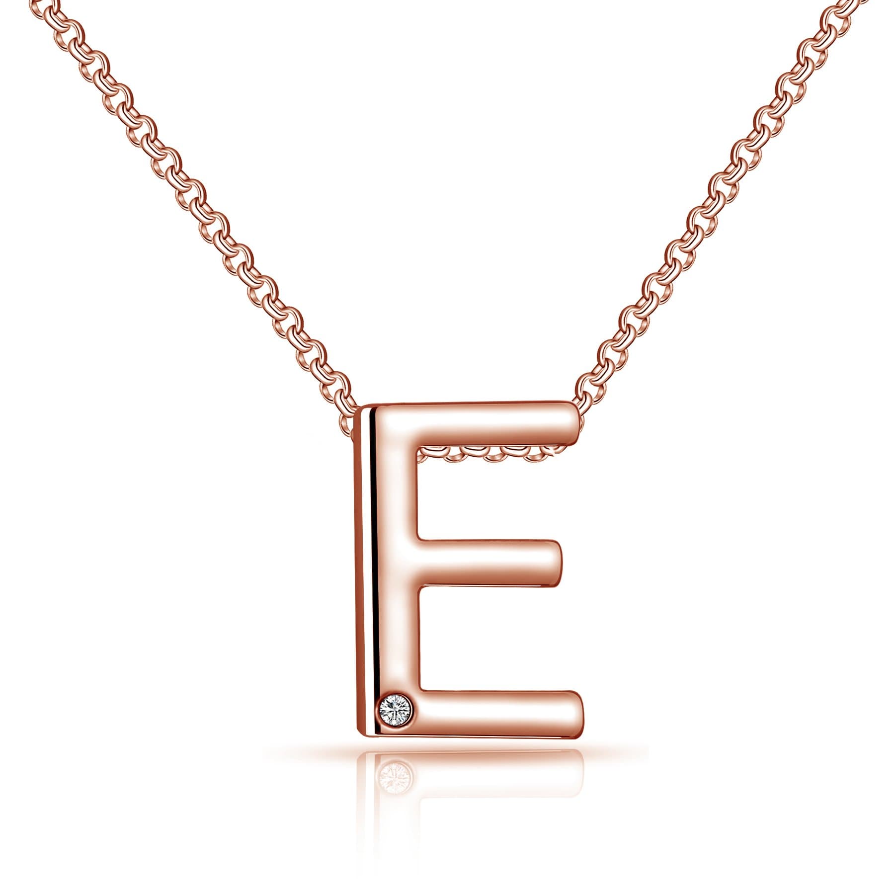 Rose Gold Plated Initial Necklace Letter E Created with Zircondia® Crystals by Philip Jones Jewellery