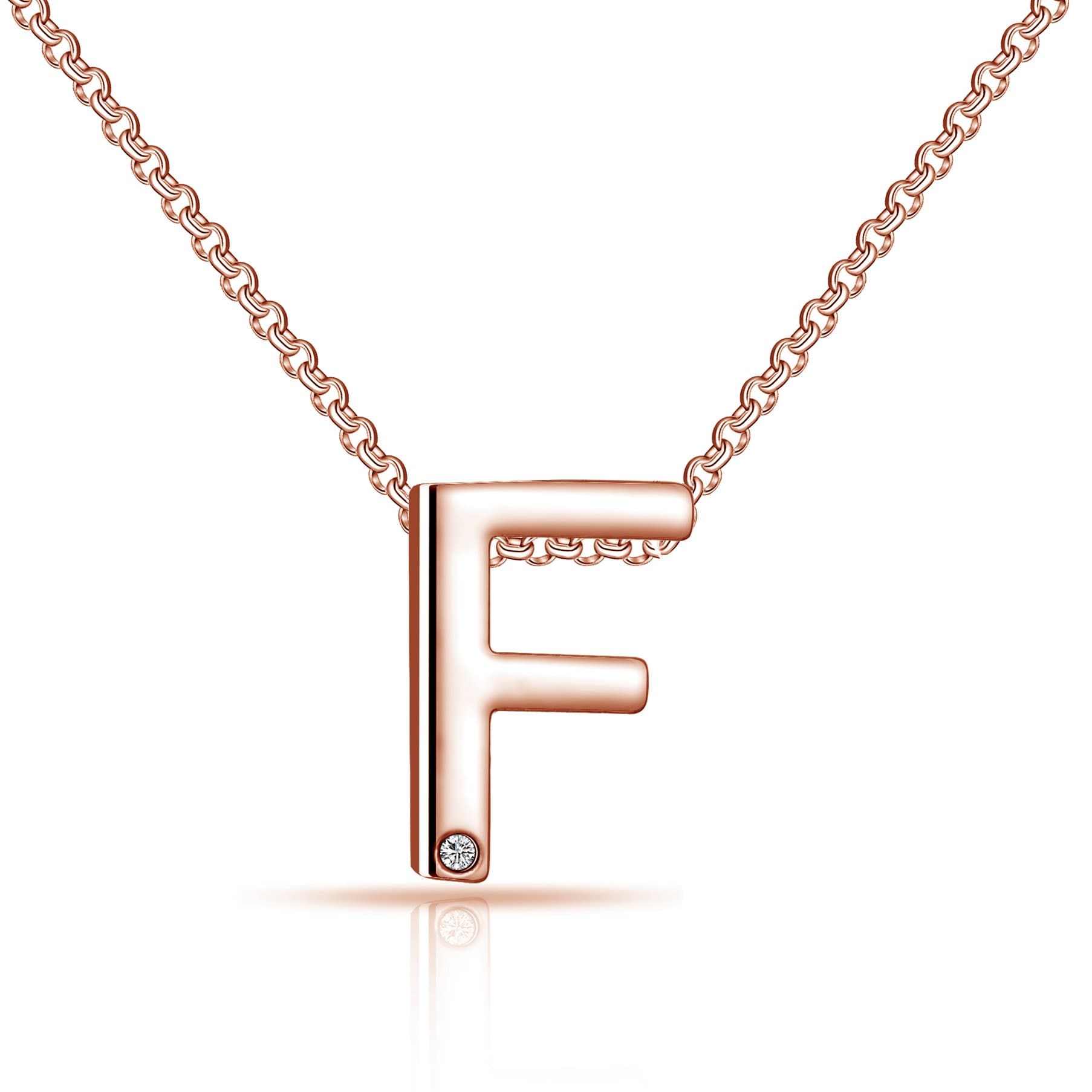 Rose Gold Plated Initial Necklace Letter F Created with Zircondia® Crystals by Philip Jones Jewellery