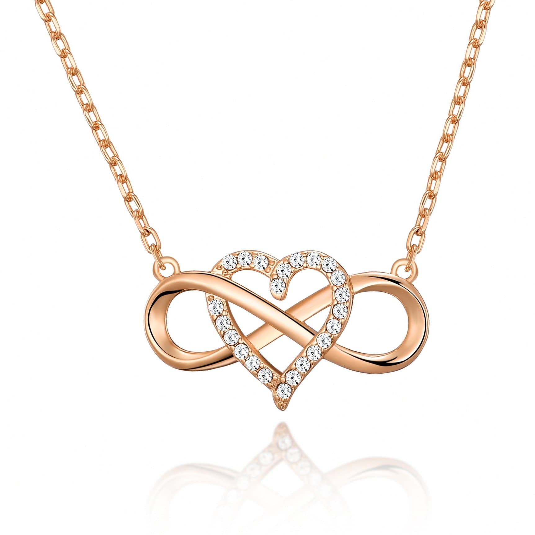 Rose Gold Plated Infinity Heart Necklace Created with Zircondia® Crystals by Philip Jones Jewellery