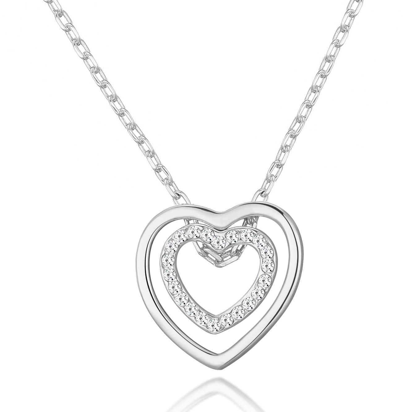 Silver Plated Double Heart Necklace Created with Zircondia® Crystals by Philip Jones Jewellery
