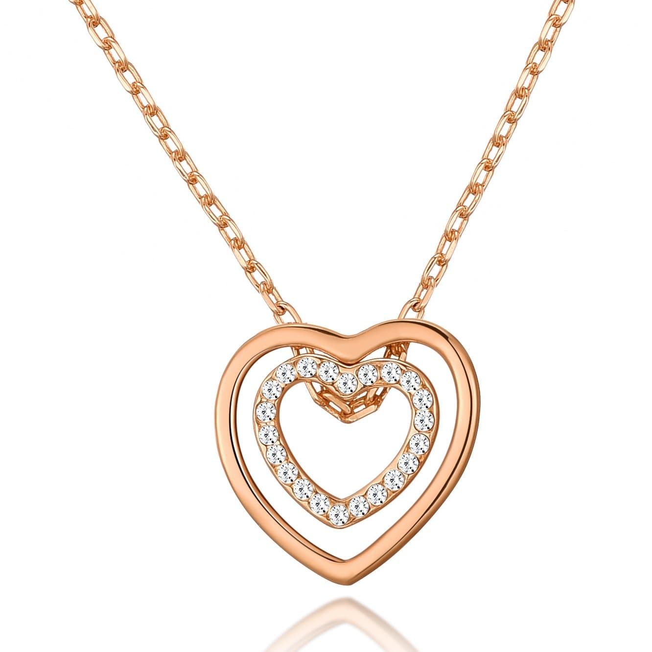 Rose Gold Plated Double Heart Necklace Created with Zircondia® Crystals by Philip Jones Jewellery