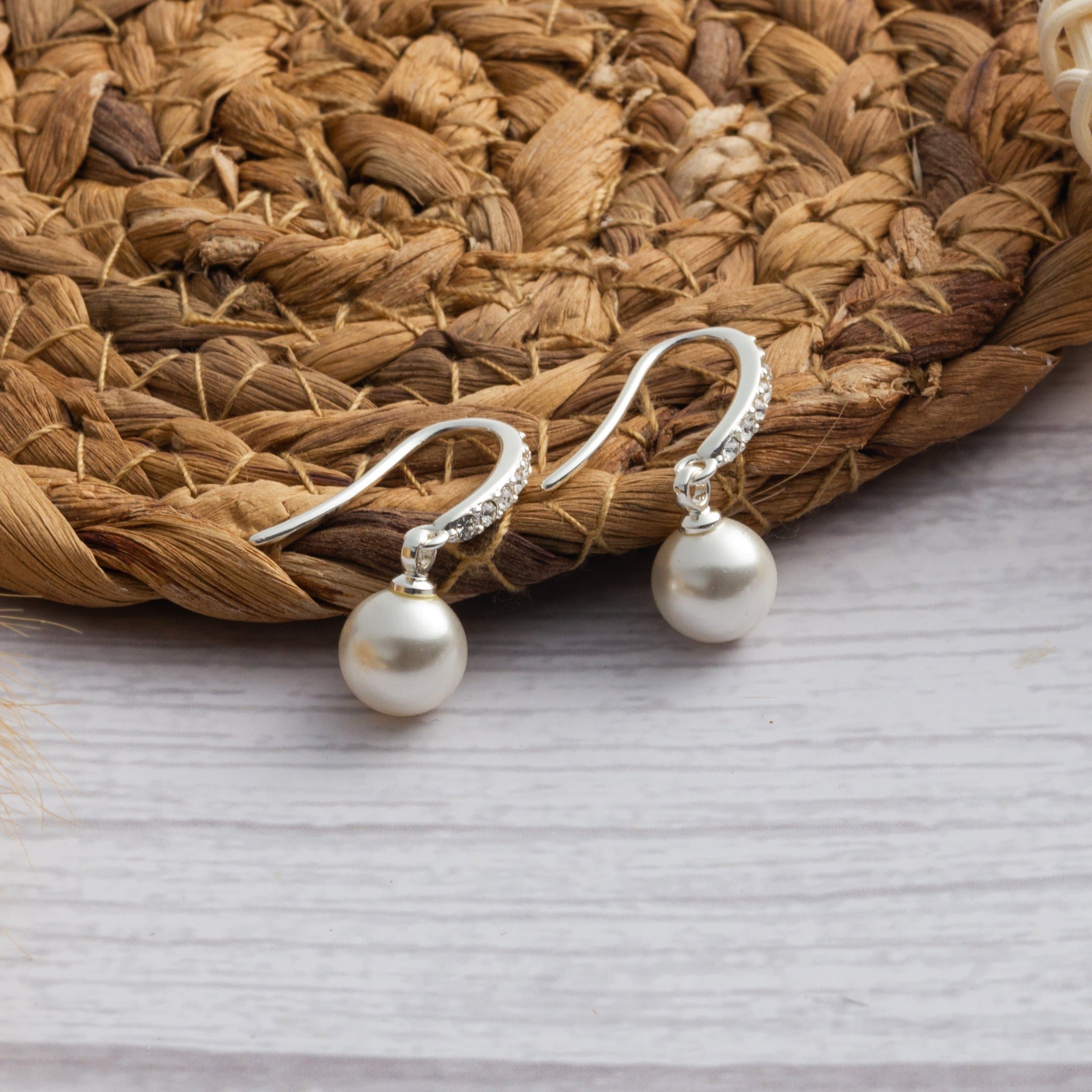 Silver Plated Pearl Drop Earrings Created with Zircondia® Crystals