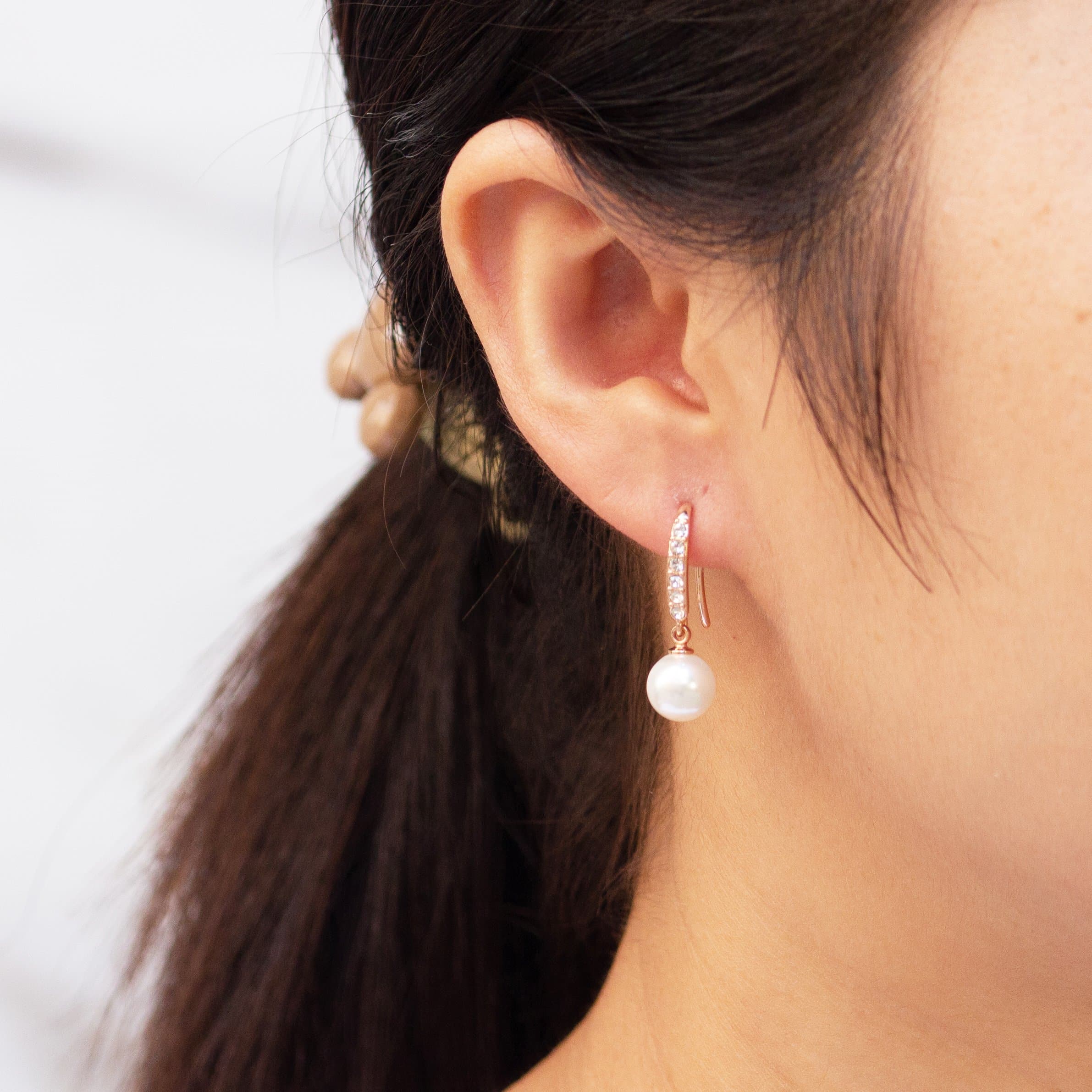 Rose Gold Plated Pearl Drop Earrings Created with Zircondia® Crystals
