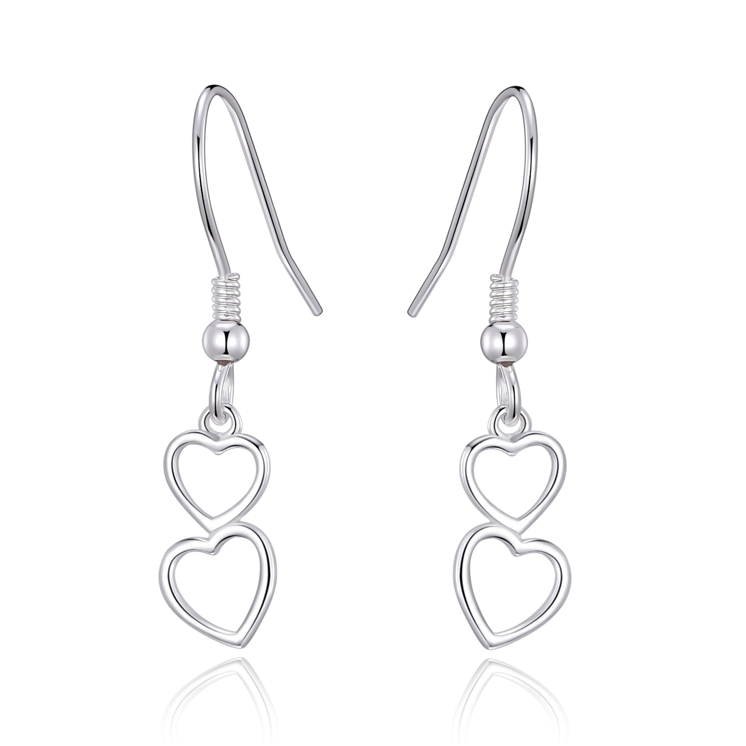 Sterling Silver Double Heart Drop Earrings by Philip Jones Jewellery
