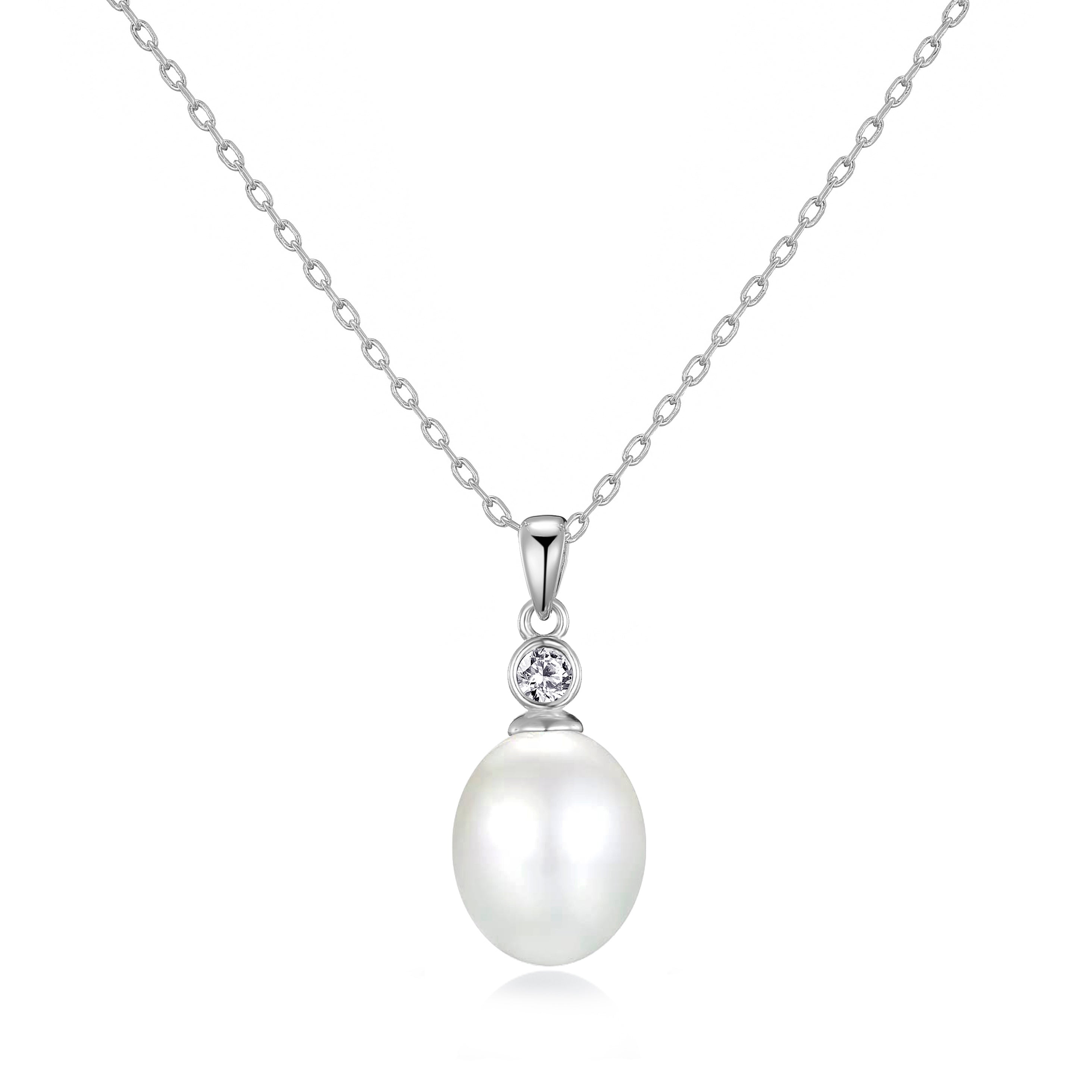 Sterling Silver White Pearl Drop Necklace Created with Zircondia® Crystals by Philip Jones Jewellery