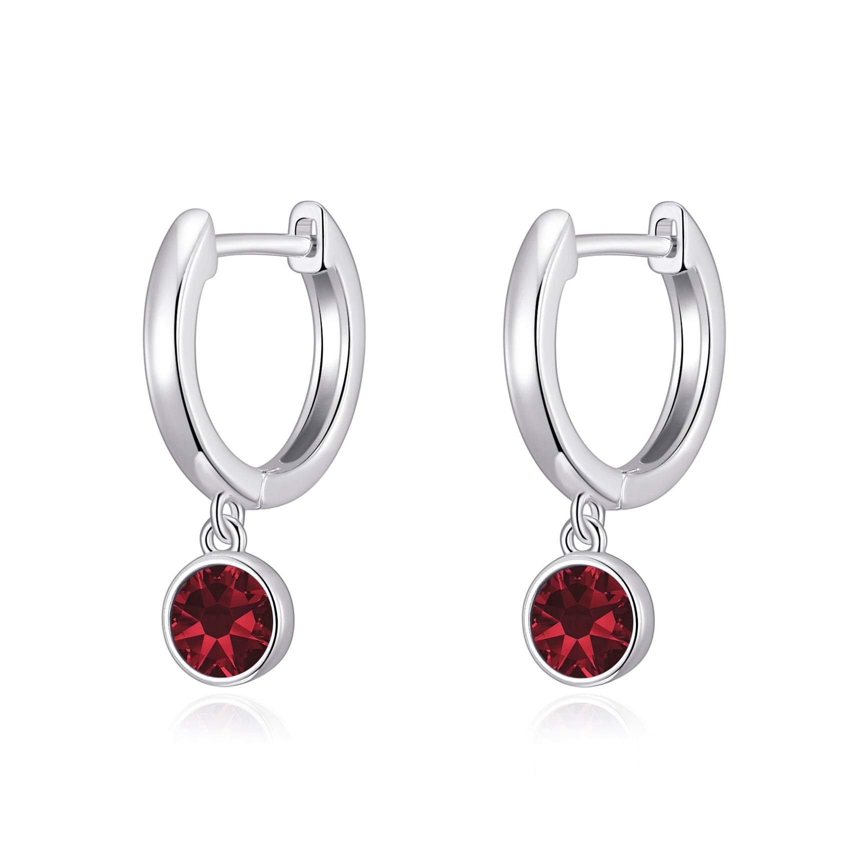 Dark Red Crystal Hoop Earrings Created with Zircondia® Crystals by Philip Jones Jewellery