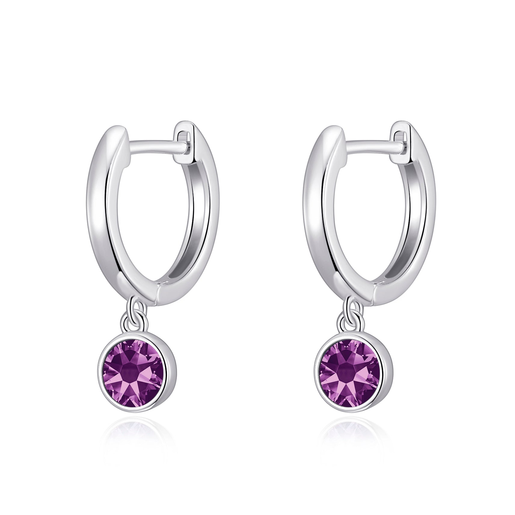 Purple Crystal Hoop Earrings Created with Zircondia® Crystals by Philip Jones Jewellery