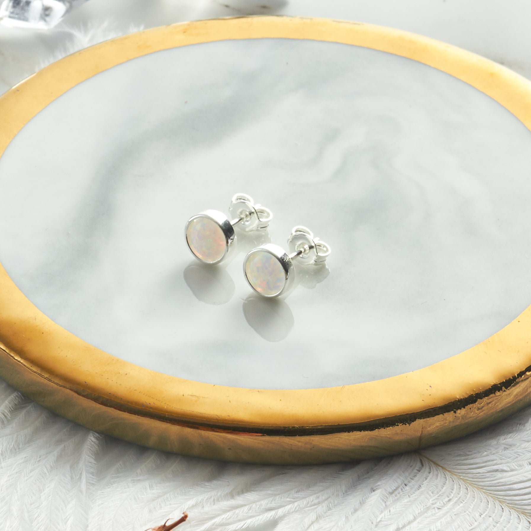 Synthetic White Opal Stud Earrings