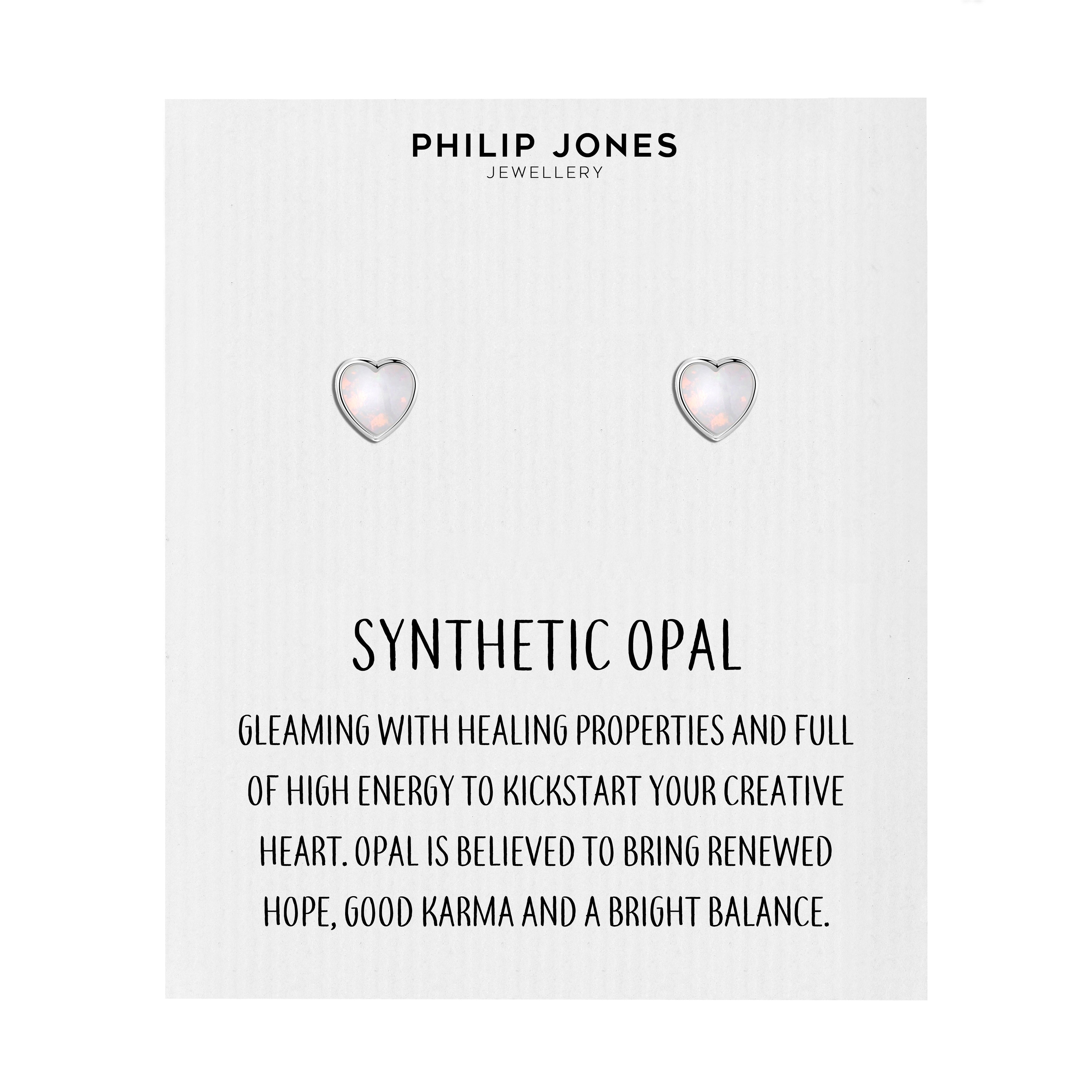 Synthetic White Opal Heart Stud Earrings with Quote Card by Philip Jones Jewellery