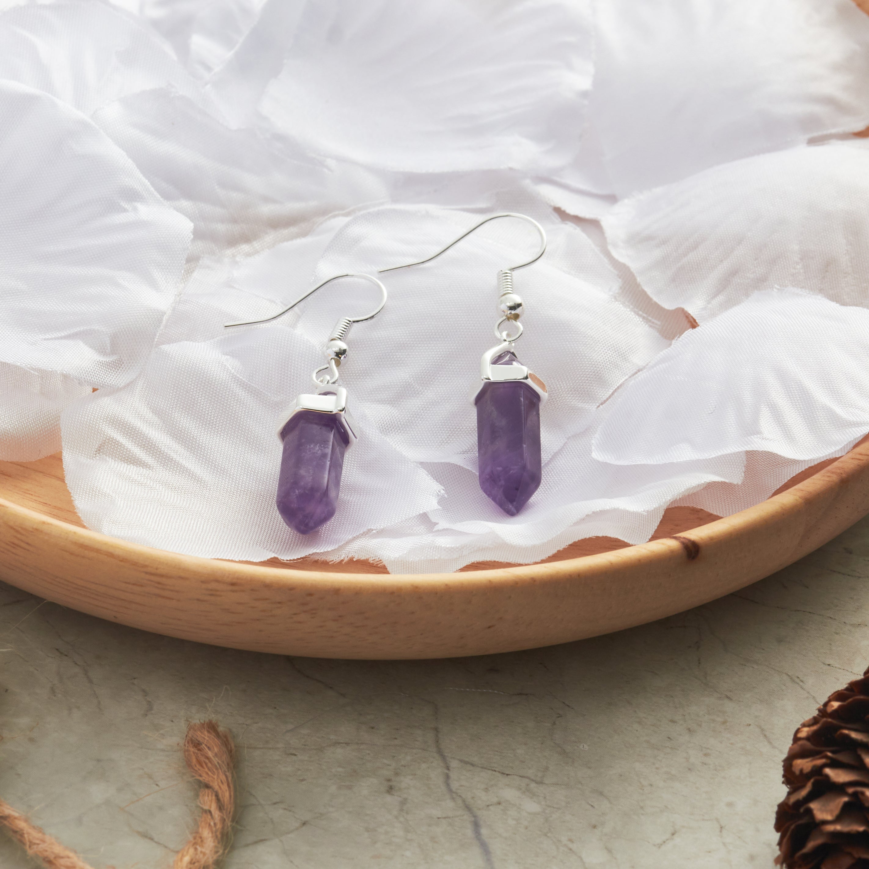 Amethyst Gemstone Drop Earrings with Quote Card
