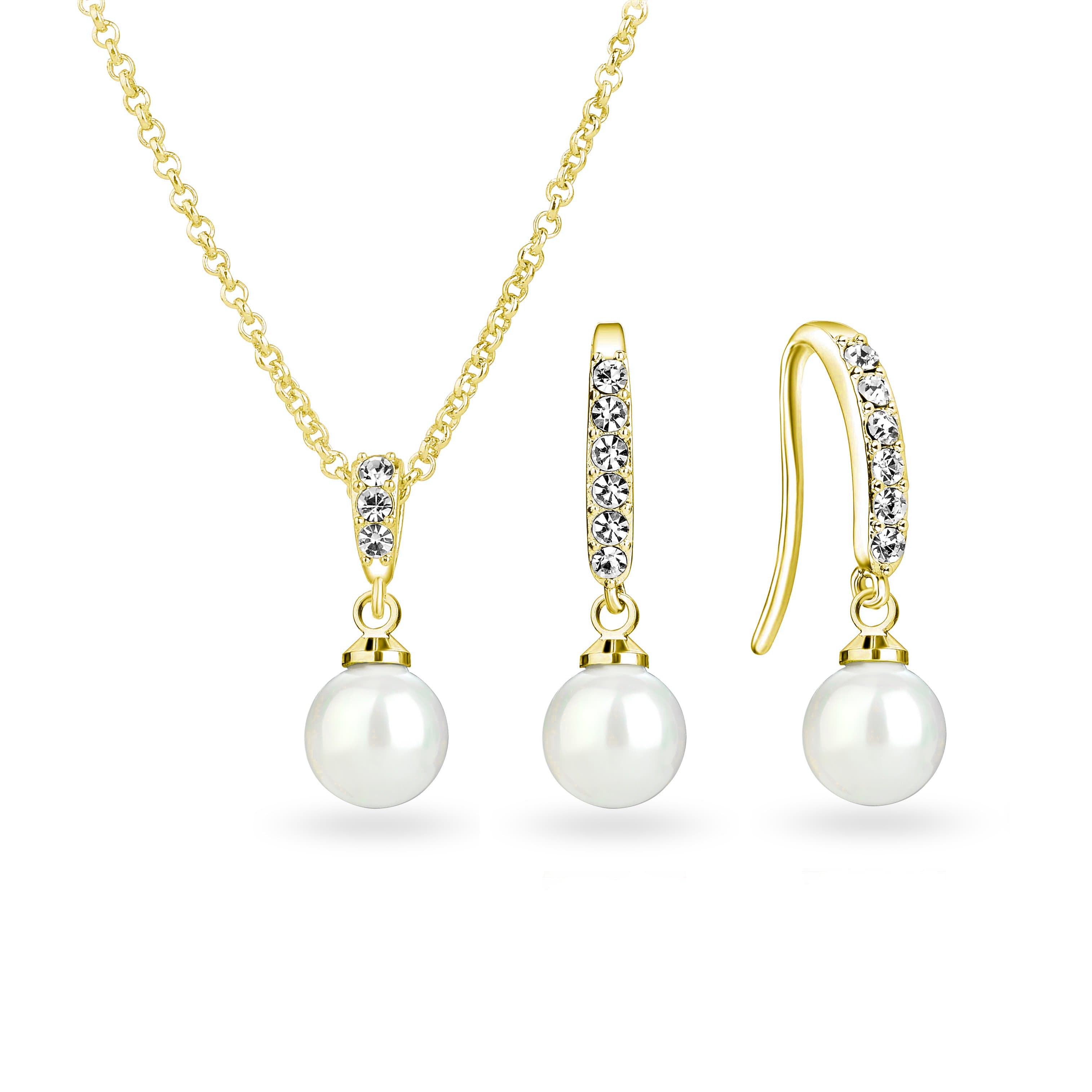 Gold Plated Pearl Drop Set Created with Zircondia® Crystals