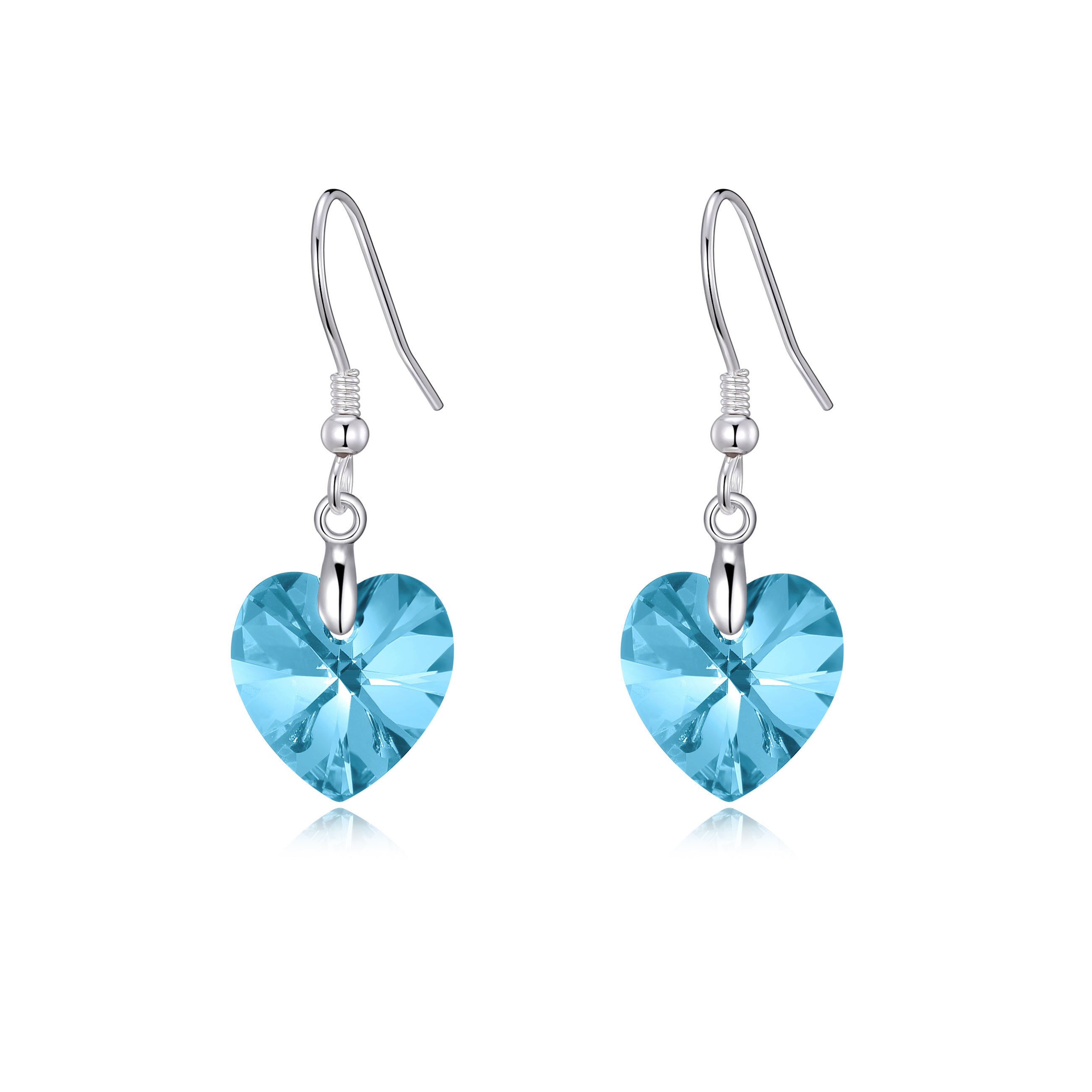 Sterling Silver Aquamarine Heart Earrings Created with Zircondia® Crystals by Philip Jones Jewellery