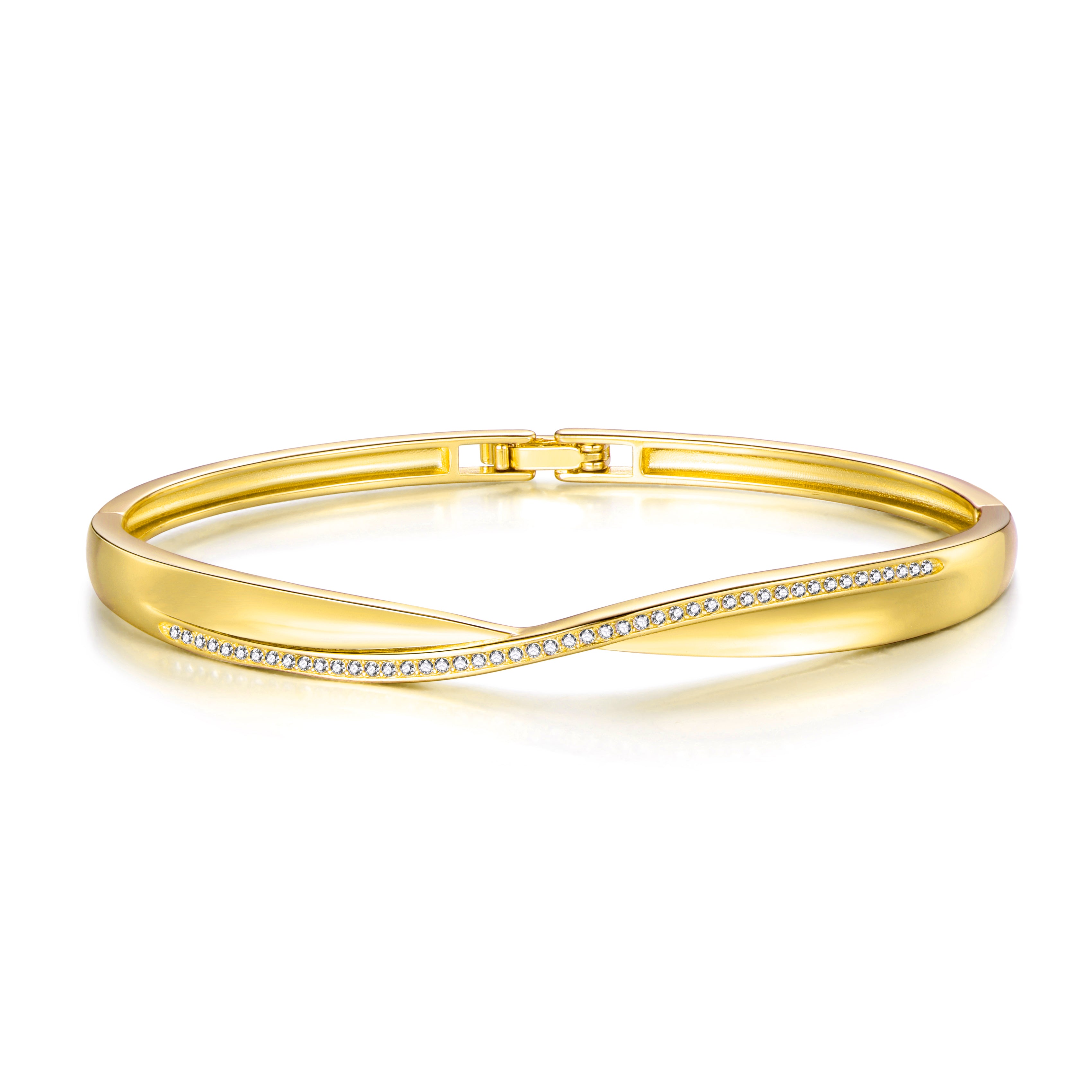 Gold Plated Arc Bangle Created with Zircondia® Crystals by Philip Jones Jewellery